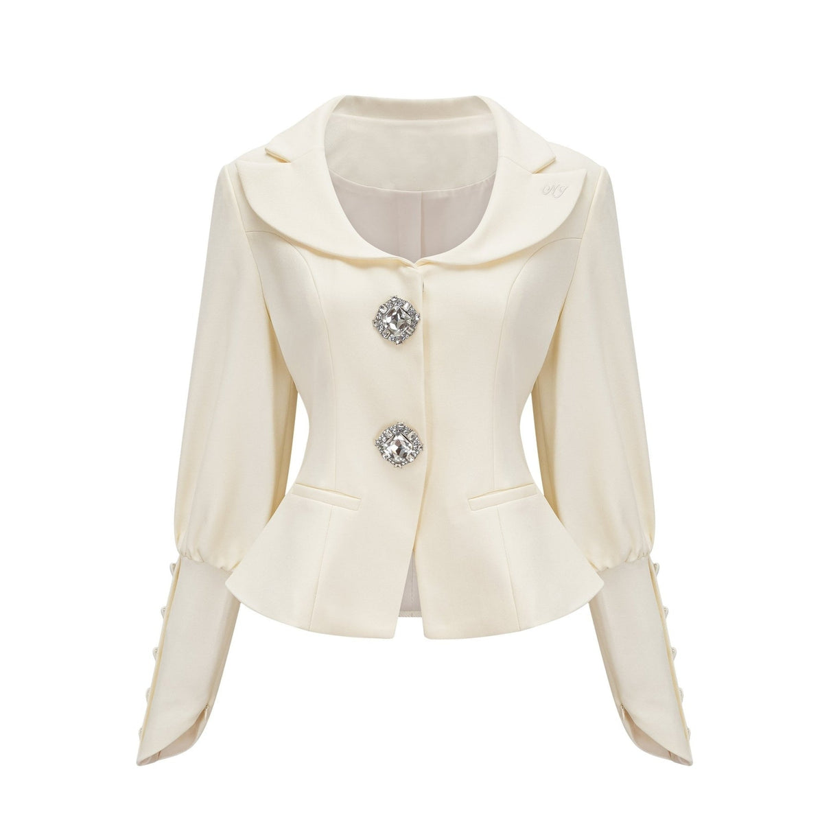Audrey Jacket & Shorts Set - Notched Lapels - Crystal - Embellished Buttons - Cinched Waist - Flared Hem