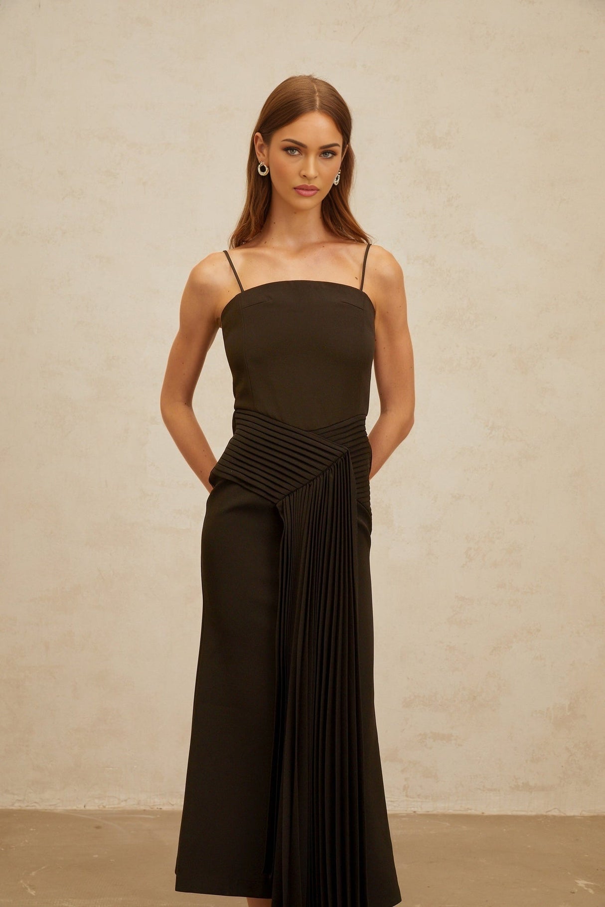 Audrey Midi Dress - Square Neck - Fitted Waistline - Ribbon Design - Pleated Detailing - Flared Hem