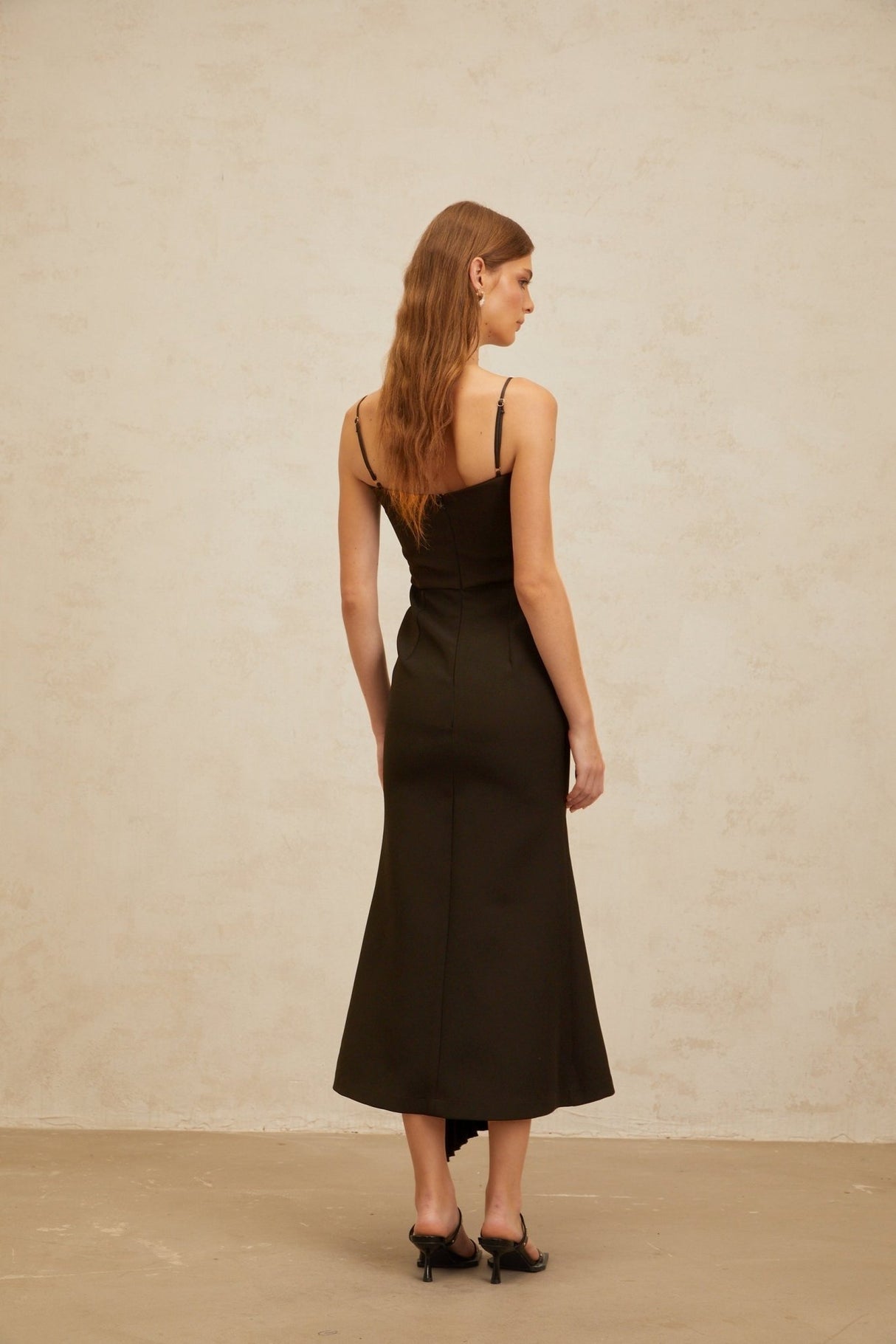 Audrey Midi Dress - Square Neck - Fitted Waistline - Ribbon Design - Pleated Detailing - Flared Hem