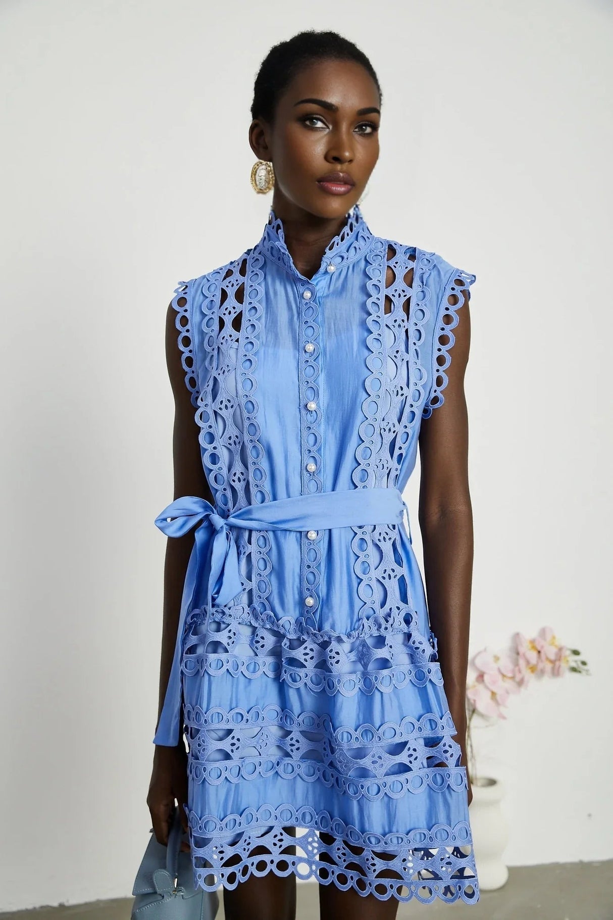 Audrey Mini Dress - Sleeveless - High Neck - Cut - out Design - Belted Waist