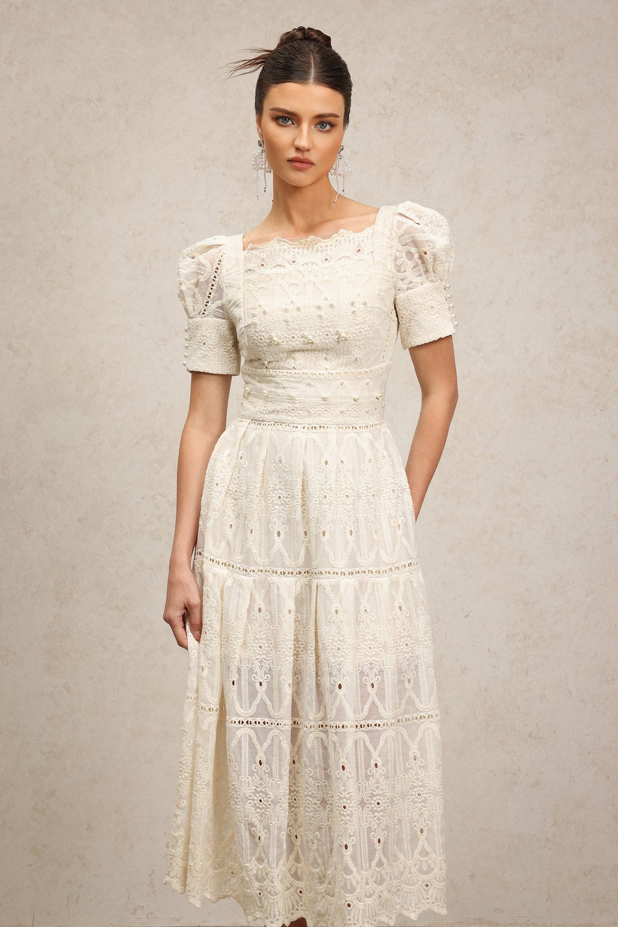 Augusta Ivory Lace Pearl Embroidered Midi Dress with Puff Sleeves and Square Neckline