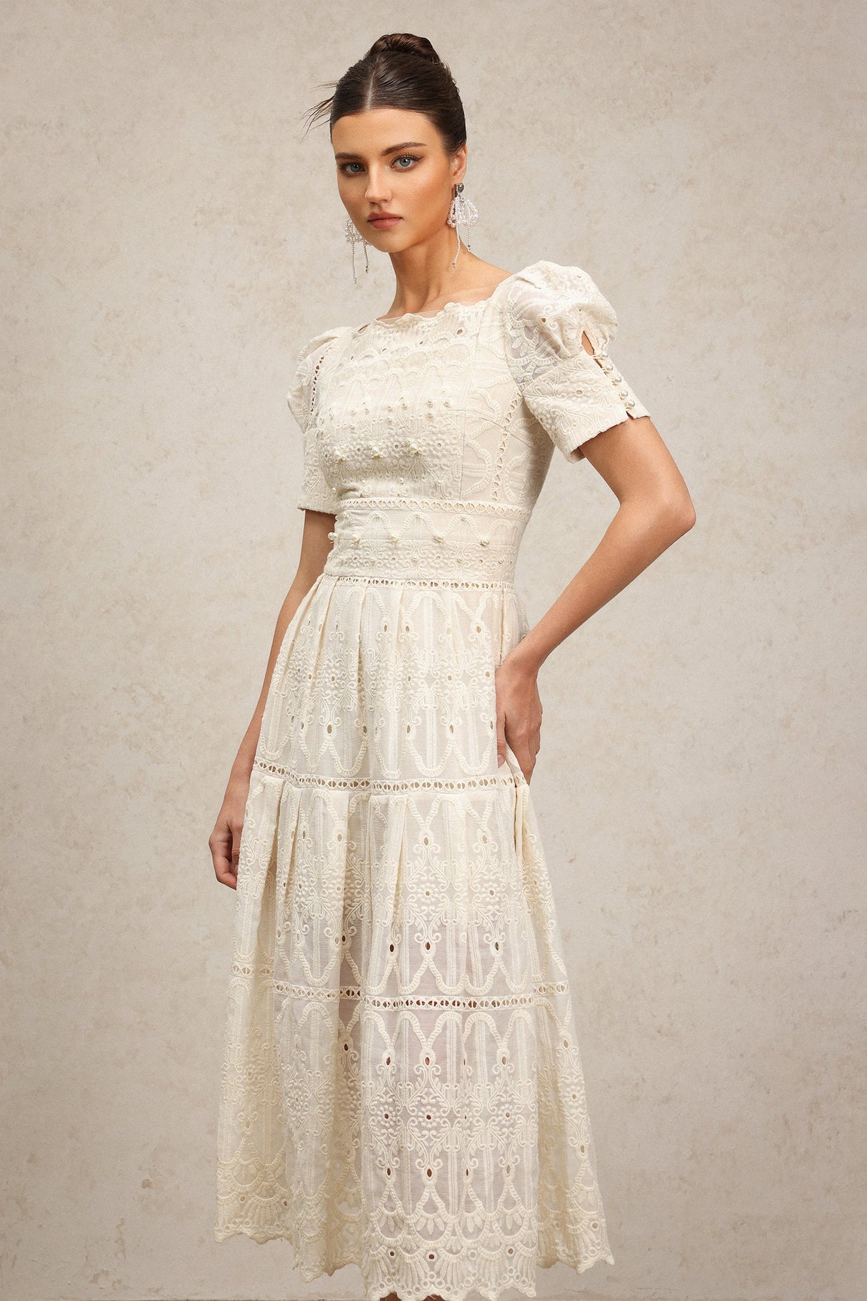 Augusta Ivory Lace Pearl Embroidered Puff Sleeve Midi Dress