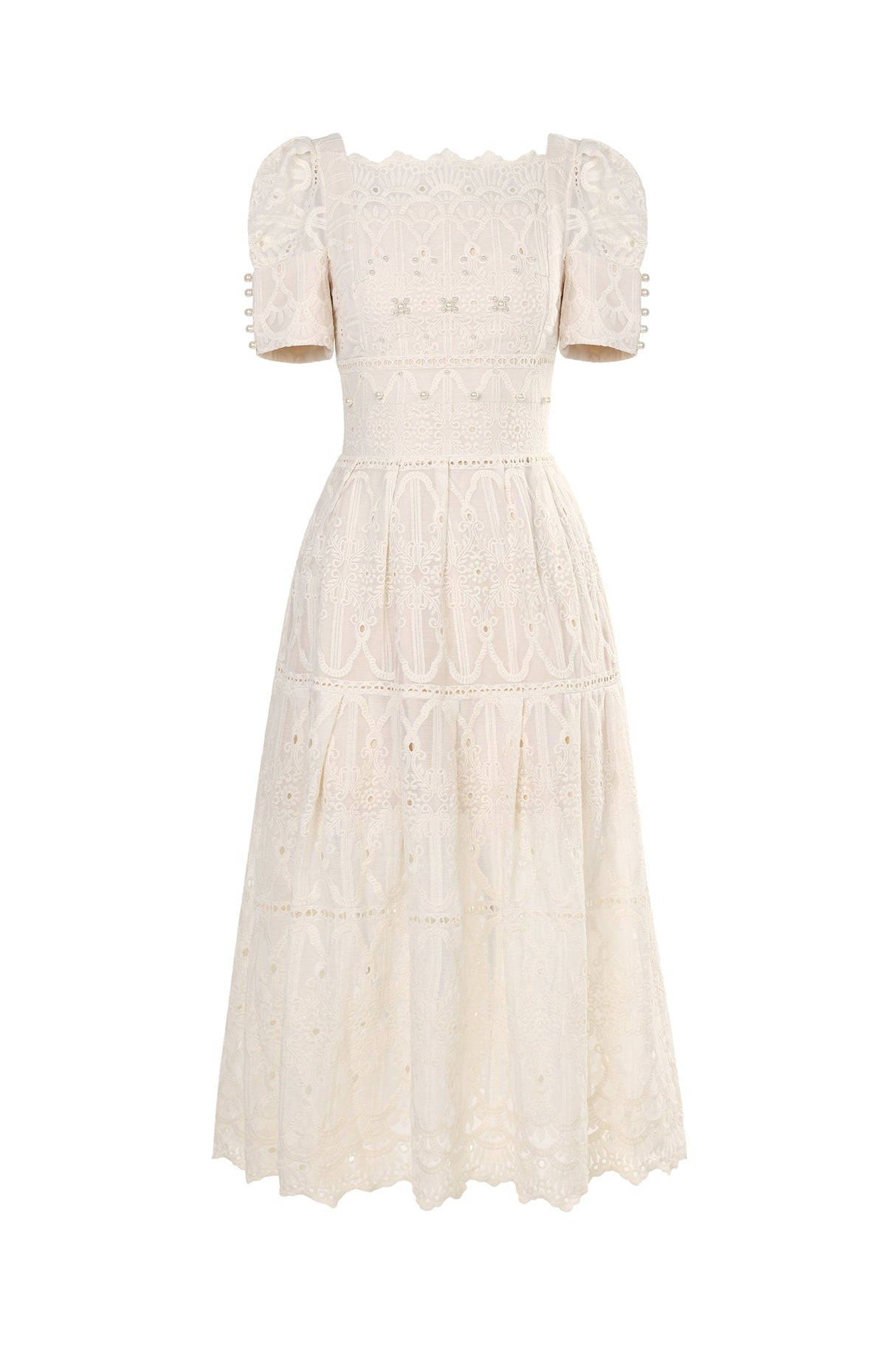 Augusta Ivory Lace Puff Sleeve Midi Dress with Pearl Embroidery