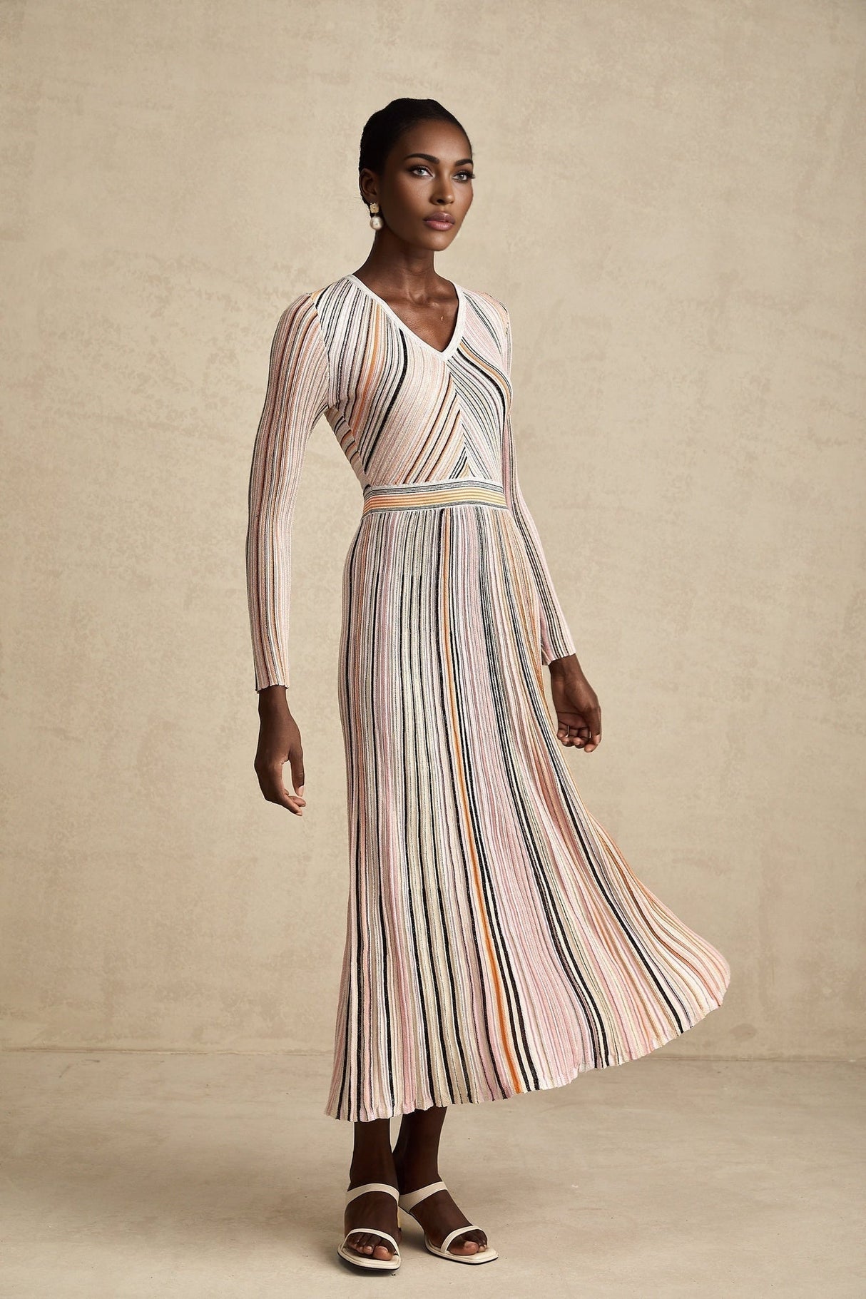 Augusta Midi Dress - V Neck - Metallic Threading - Vertical Stripes - Pleat Detailing - Elasticated Waistband