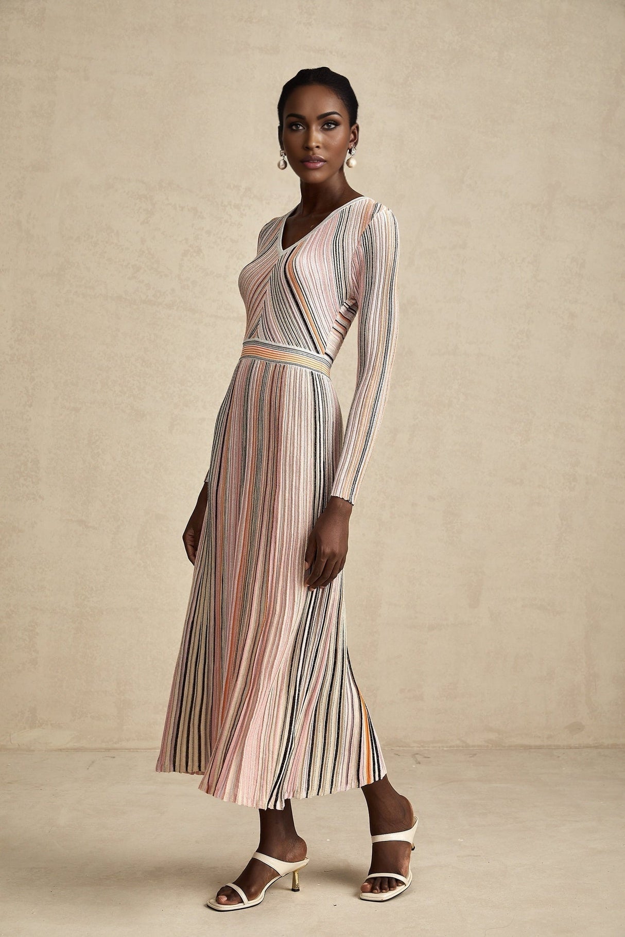 Augusta Midi Dress - V Neck - Metallic Threading - Vertical Stripes - Pleat Detailing - Elasticated Waistband