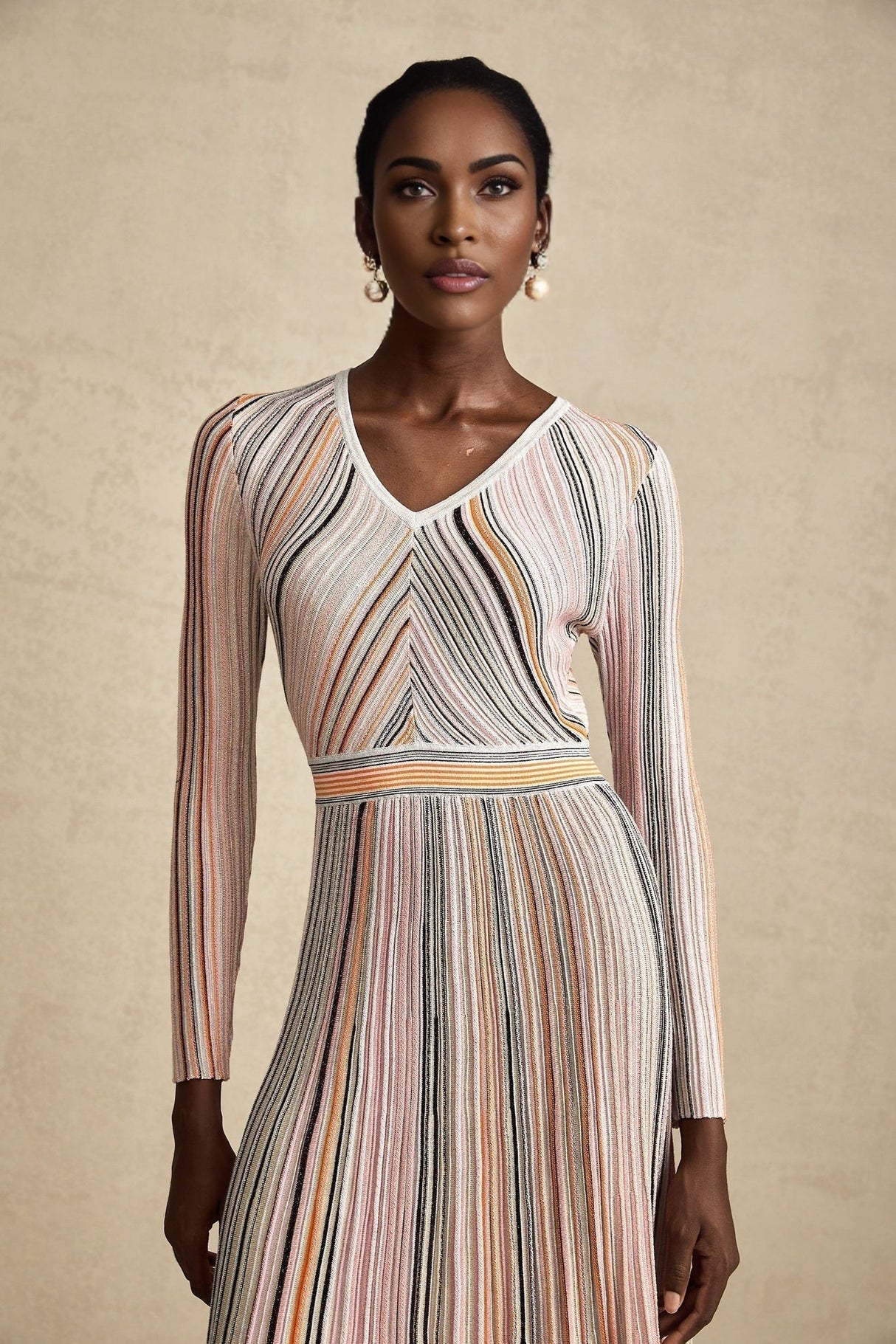 Augusta Midi Dress - V Neck - Metallic Threading - Vertical Stripes - Pleat Detailing - Elasticated Waistband