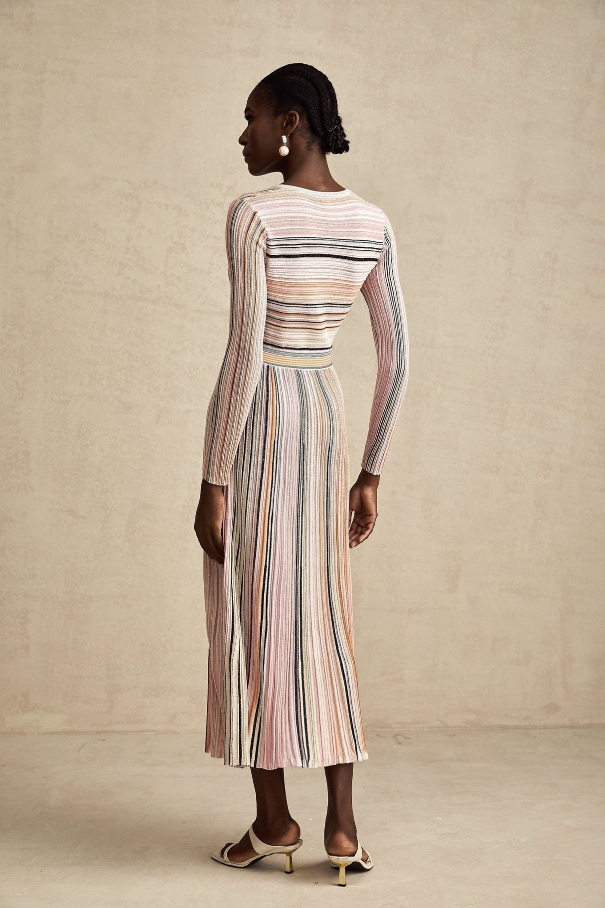 Augusta Midi Dress - V Neck - Metallic Threading - Vertical Stripes - Pleat Detailing - Elasticated Waistband