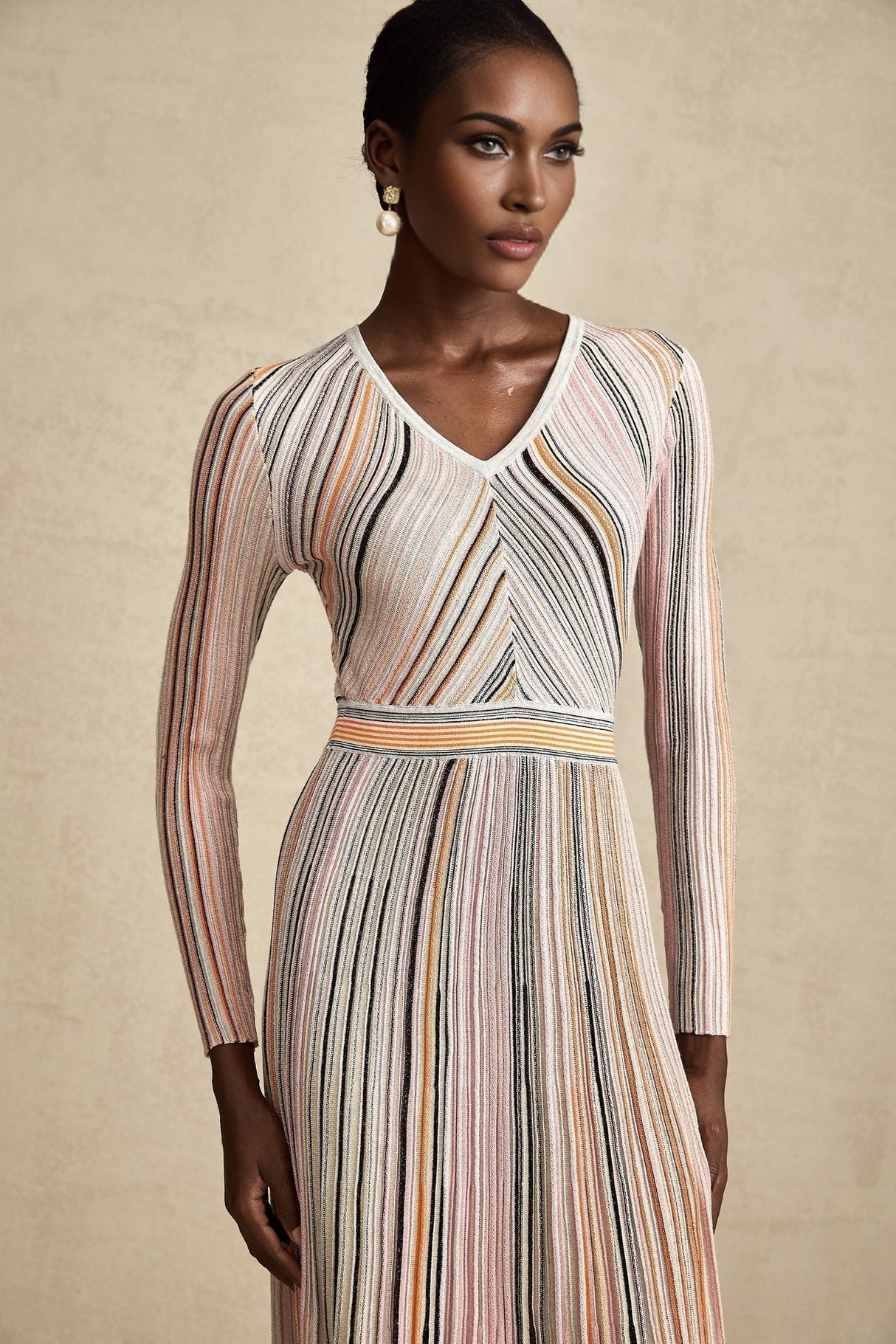 Augusta Midi Dress - V Neck - Metallic Threading - Vertical Stripes - Pleat Detailing - Elasticated Waistband