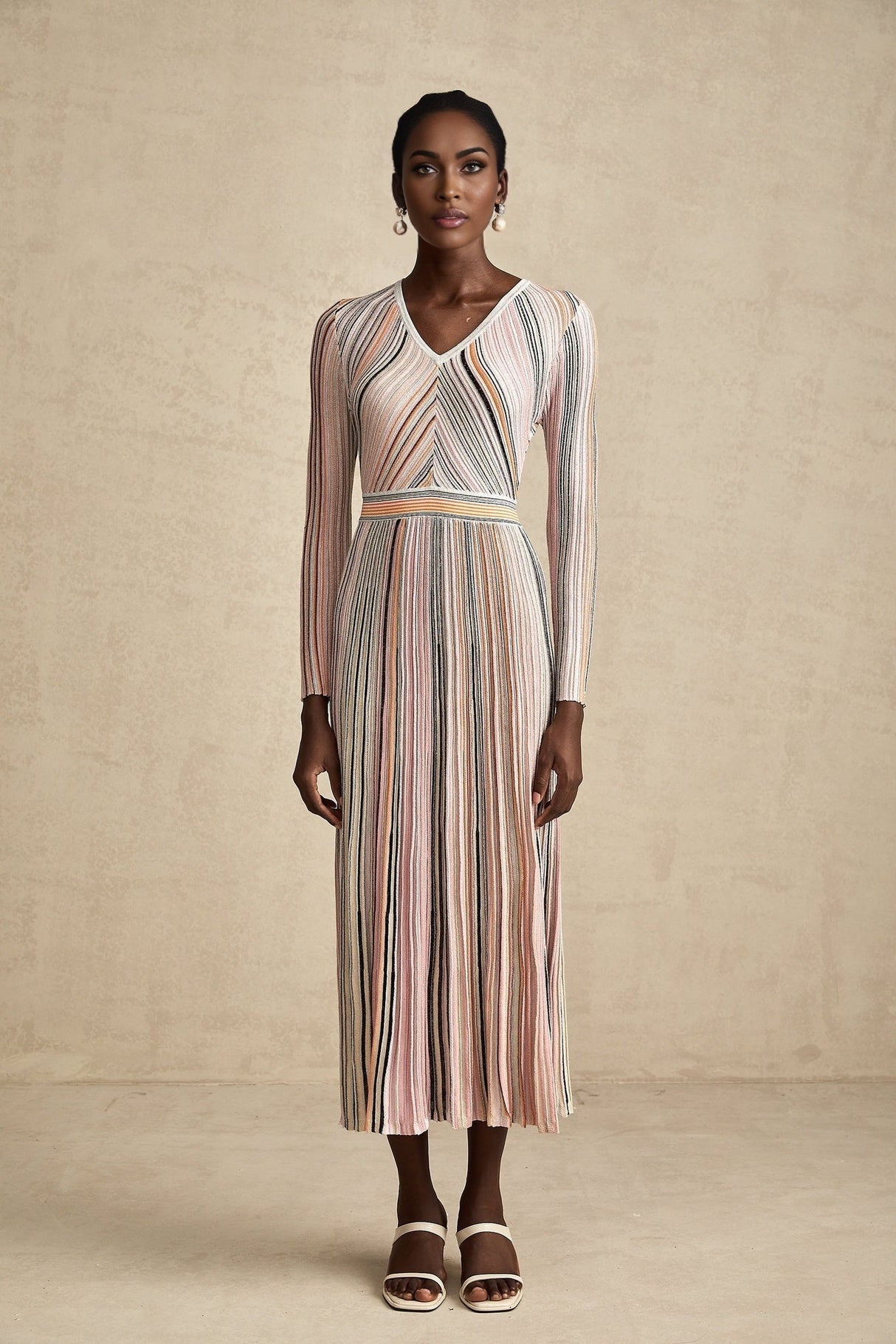 Augusta Midi Dress - V Neck - Metallic Threading - Vertical Stripes - Pleat Detailing - Elasticated Waistband