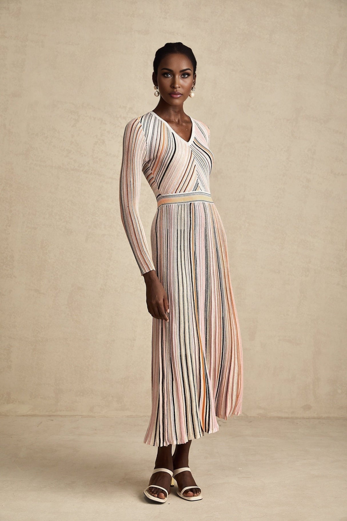 Augusta Midi Dress - V Neck - Metallic Threading - Vertical Stripes - Pleat Detailing - Elasticated Waistband