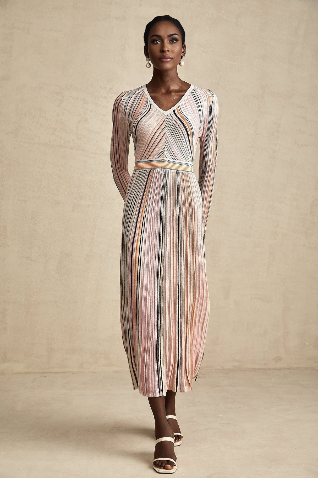 Augusta Midi Dress - V Neck - Metallic Threading - Vertical Stripes - Pleat Detailing - Elasticated Waistband