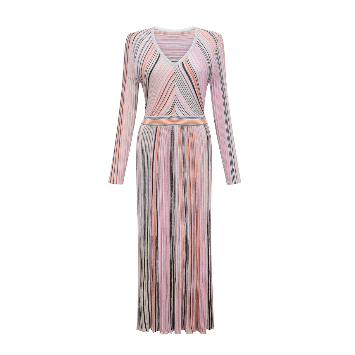 Augusta Midi Dress - V Neck - Metallic Threading - Vertical Stripes - Pleat Detailing - Elasticated Waistband