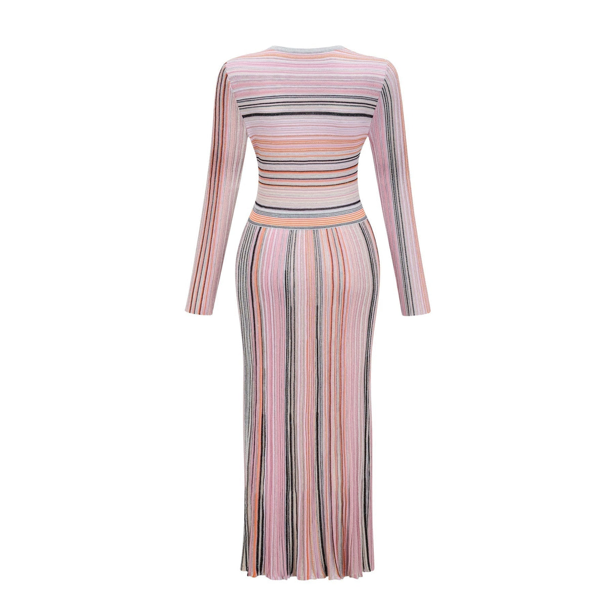 Augusta Midi Dress - V Neck - Metallic Threading - Vertical Stripes - Pleat Detailing - Elasticated Waistband