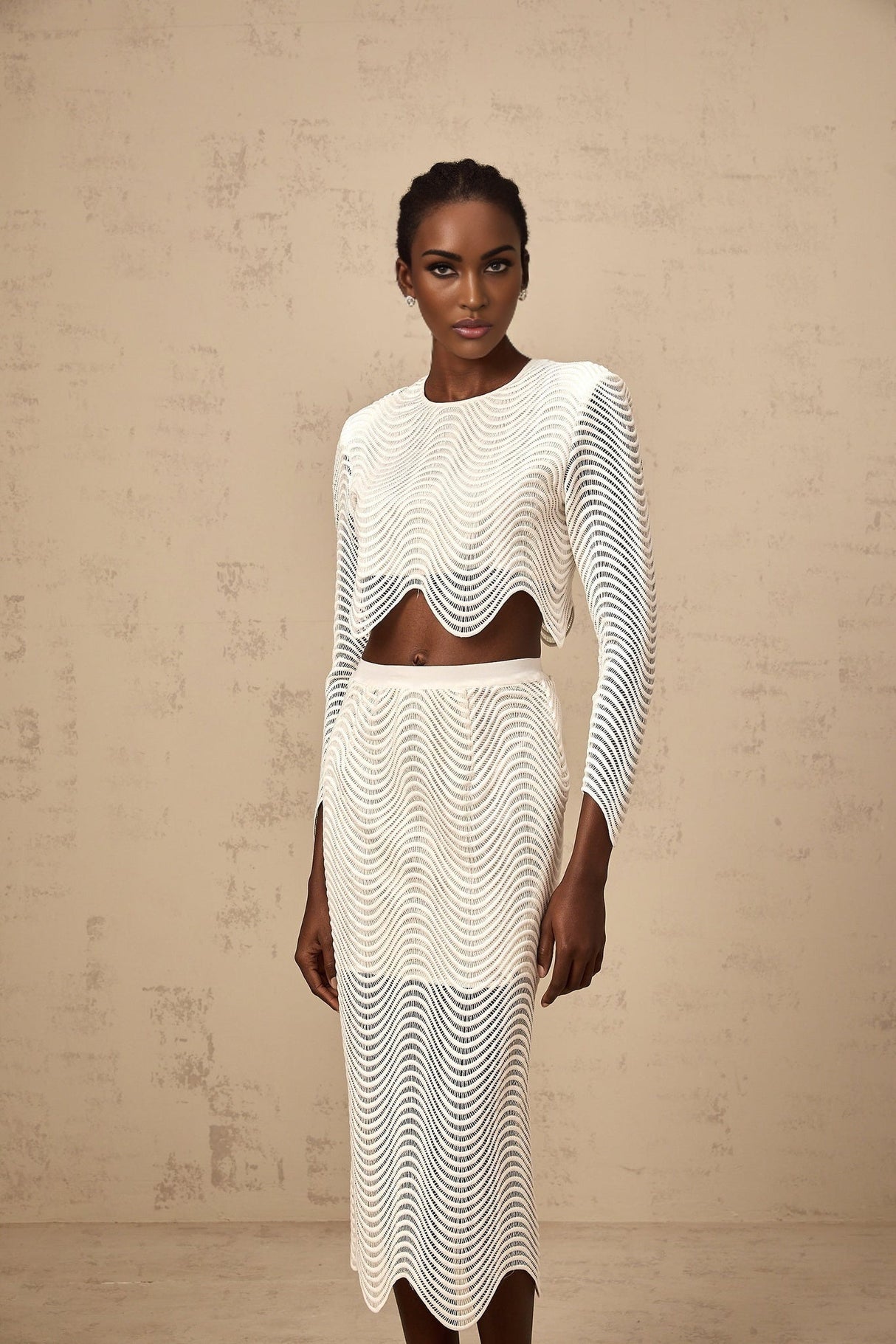 Augusta Skirt & Top Set - Wavy Woven Design - Openwork Detail - Scallop Hem - Cropped Length