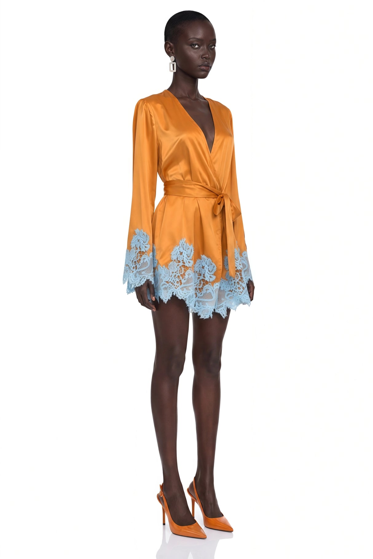 Aurelie Brown Satin Wrap Mini Dress with Lace