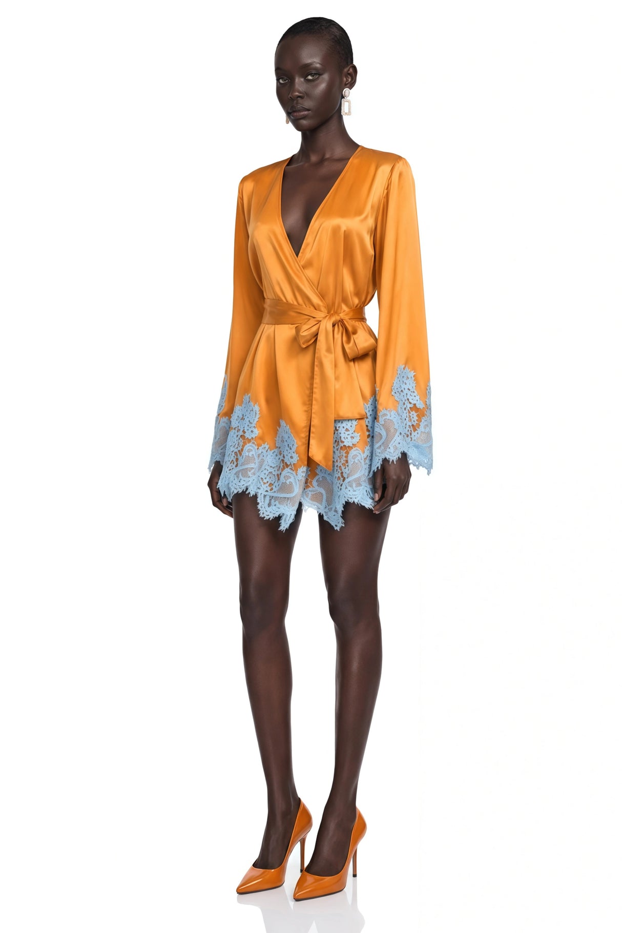 Aurelie Brown Satin Wrap Mini Dress with Lace