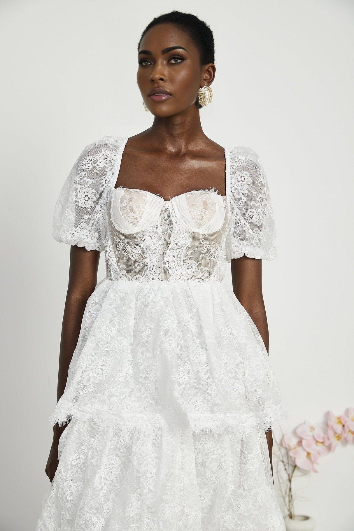 Aurélie Midi Dress - Puff Sleeves - Bustier Style - Lace Trim - Tiered Design - Back Zipper