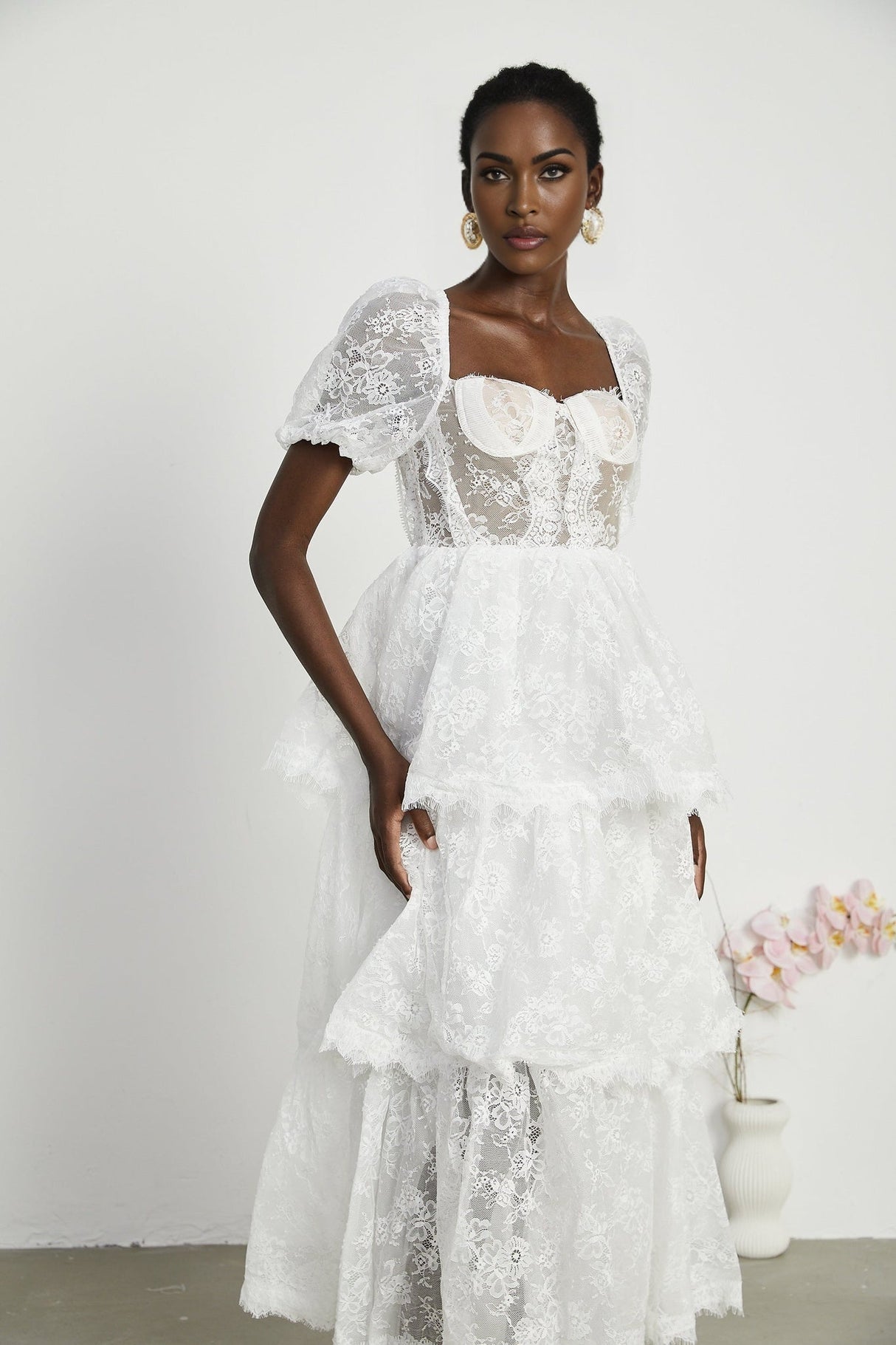 Aurélie Midi Dress - Puff Sleeves - Bustier Style - Lace Trim - Tiered Design - Back Zipper