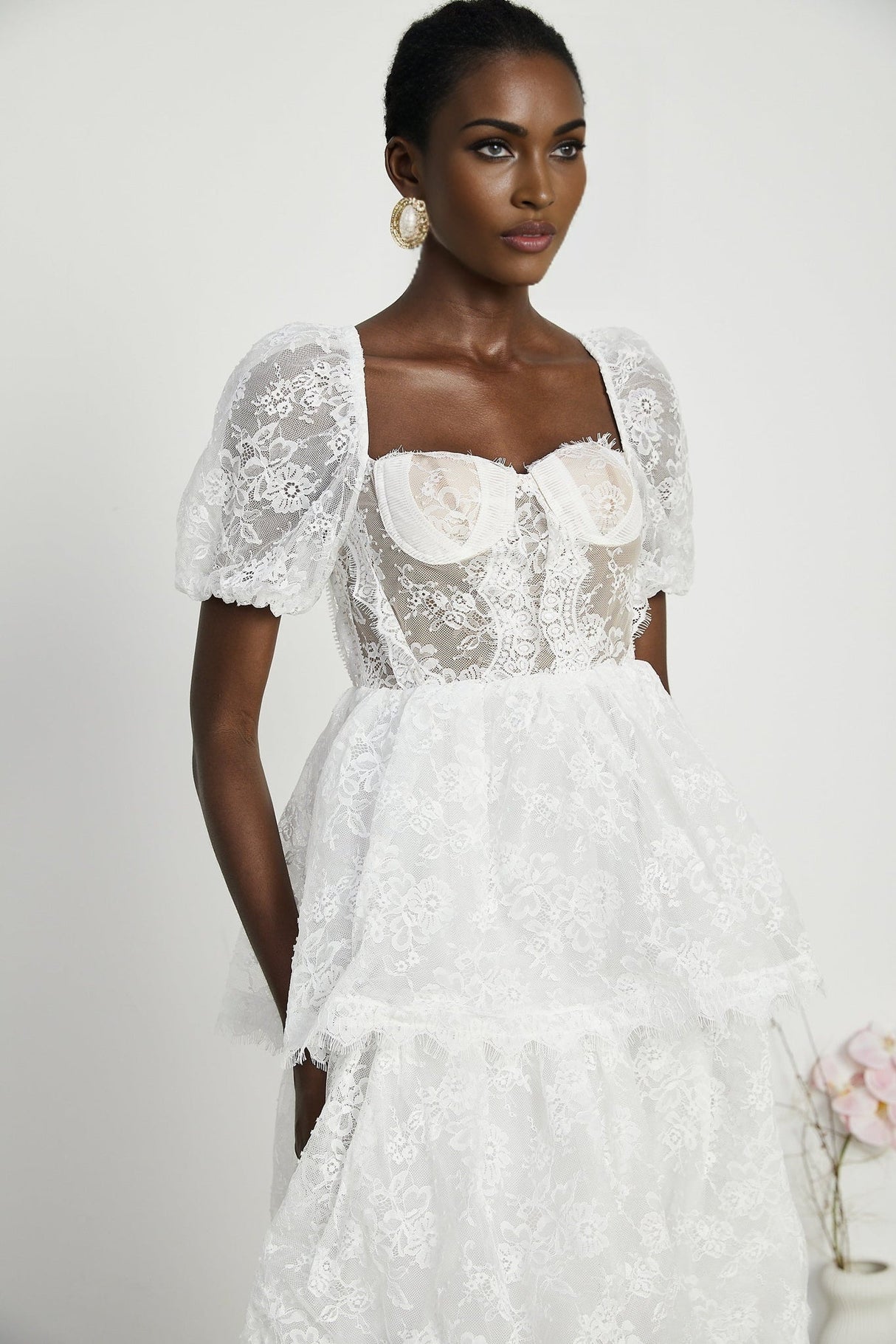 Aurélie Midi Dress - Puff Sleeves - Bustier Style - Lace Trim - Tiered Design - Back Zipper