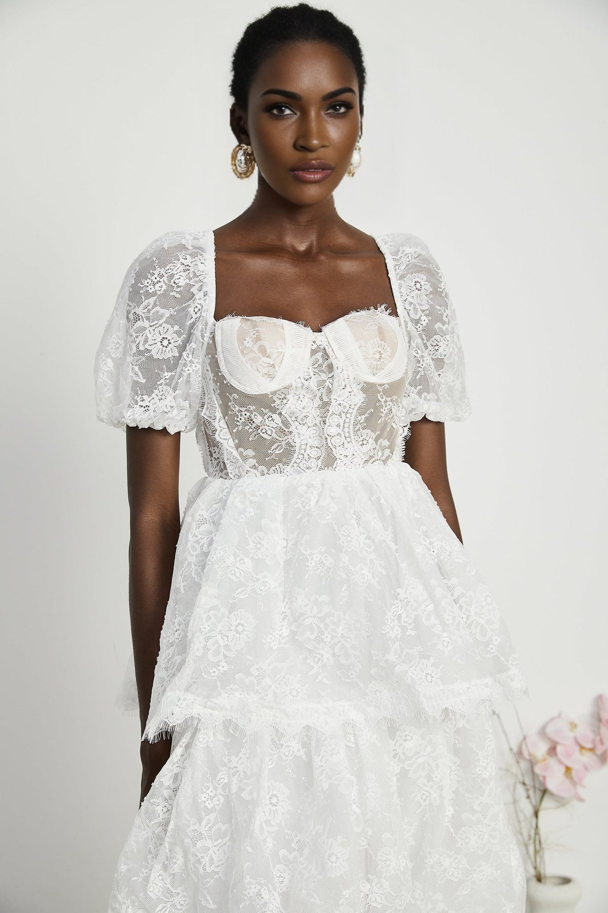 Aurélie Midi Dress - Puff Sleeves - Bustier Style - Lace Trim - Tiered Design - Back Zipper