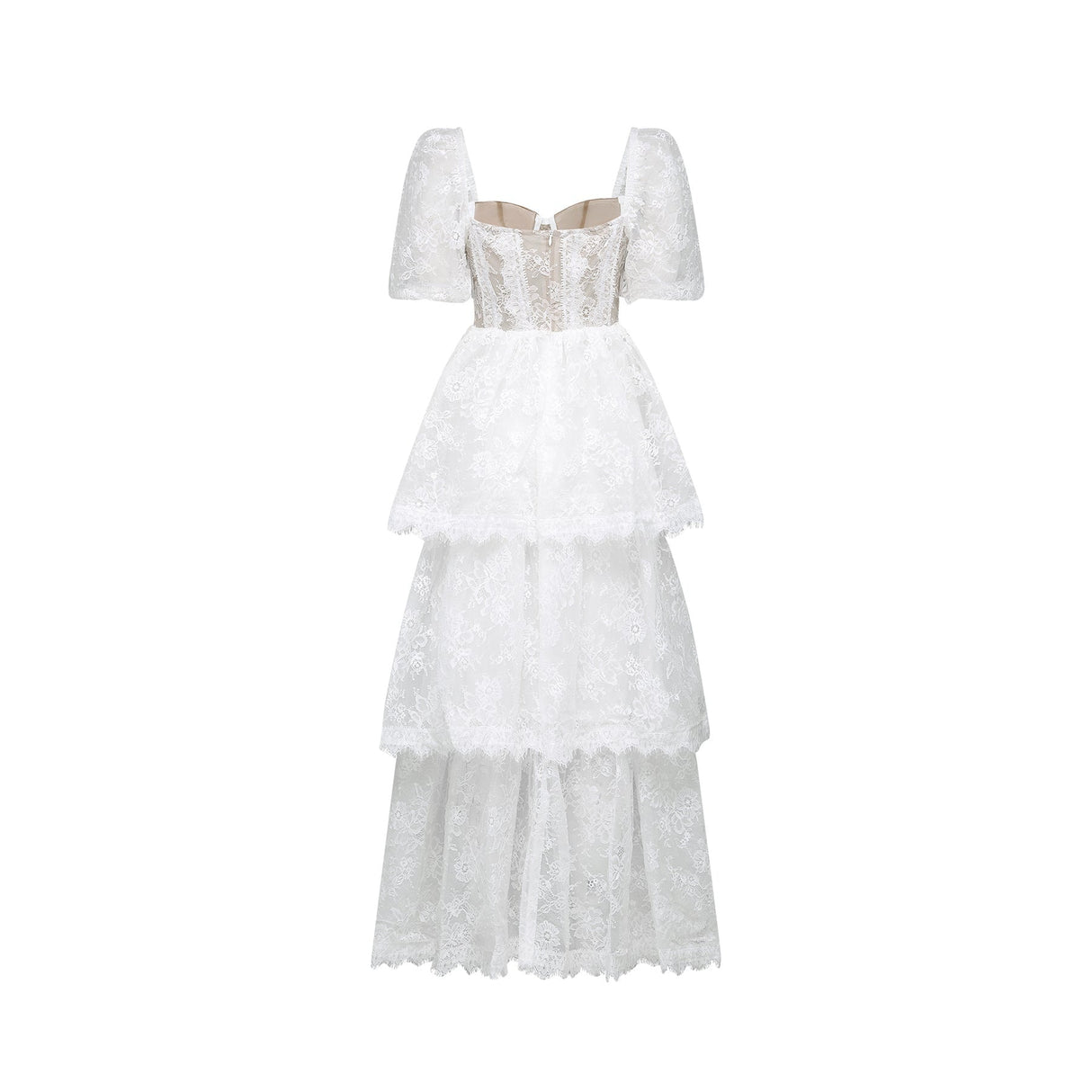 Aurélie Midi Dress - Puff Sleeves - Bustier Style - Lace Trim - Tiered Design - Back Zipper