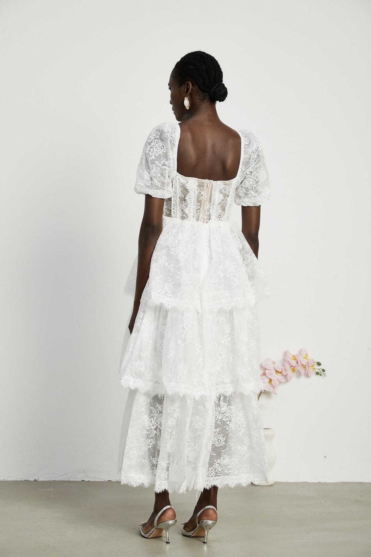 Aurélie Midi Dress - Puff Sleeves - Bustier Style - Lace Trim - Tiered Design - Back Zipper