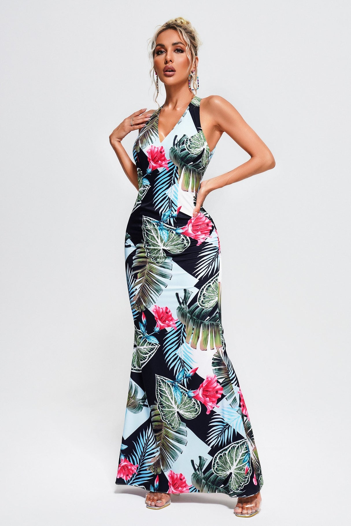Aurora Blue Tropical Print Maxi Dress