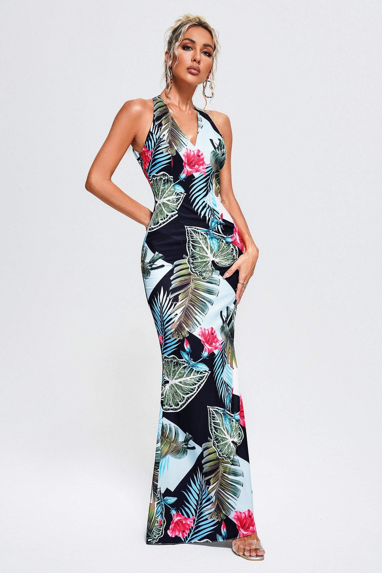 Aurora Blue Tropical Print Maxi Dress