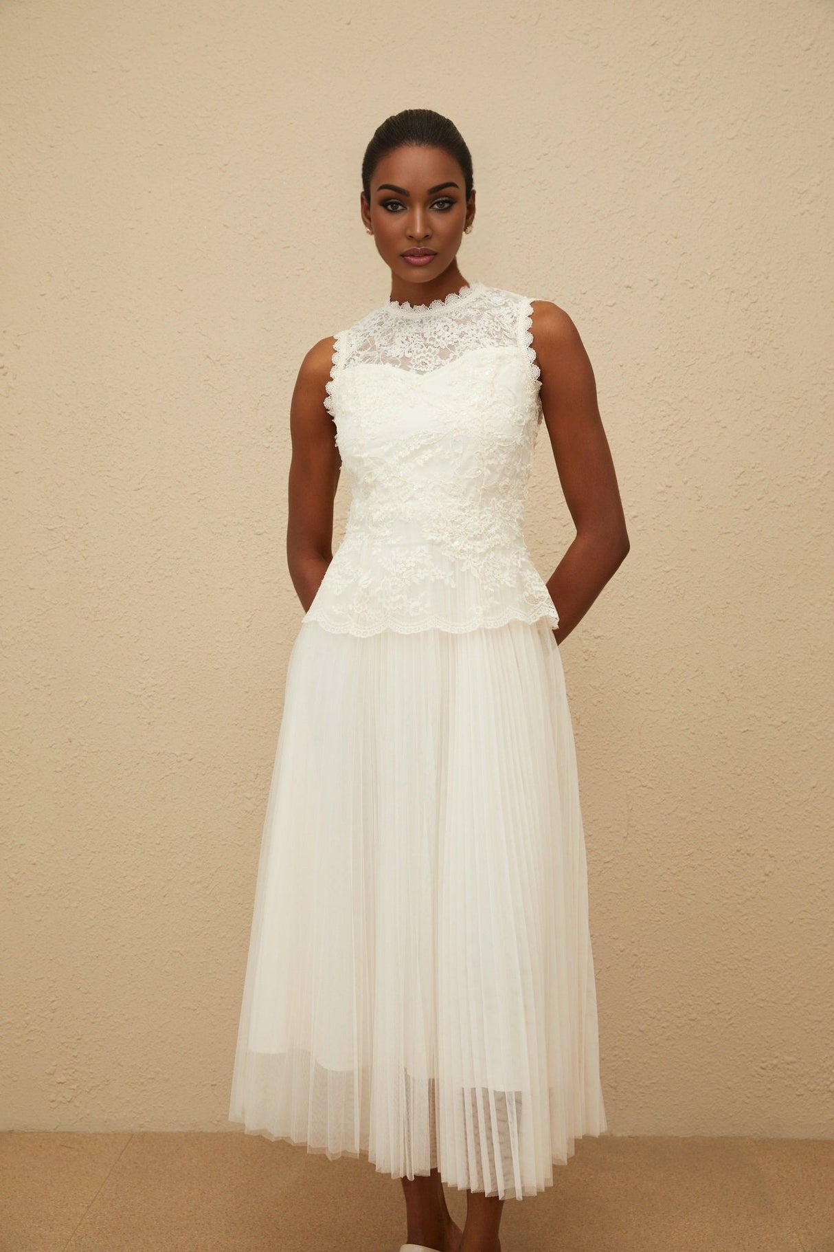 Aurora Midi Dress - Peplum Waist - Floral Lace - Sequin Detailing - Scallop Hem - Rear Zip Fastening