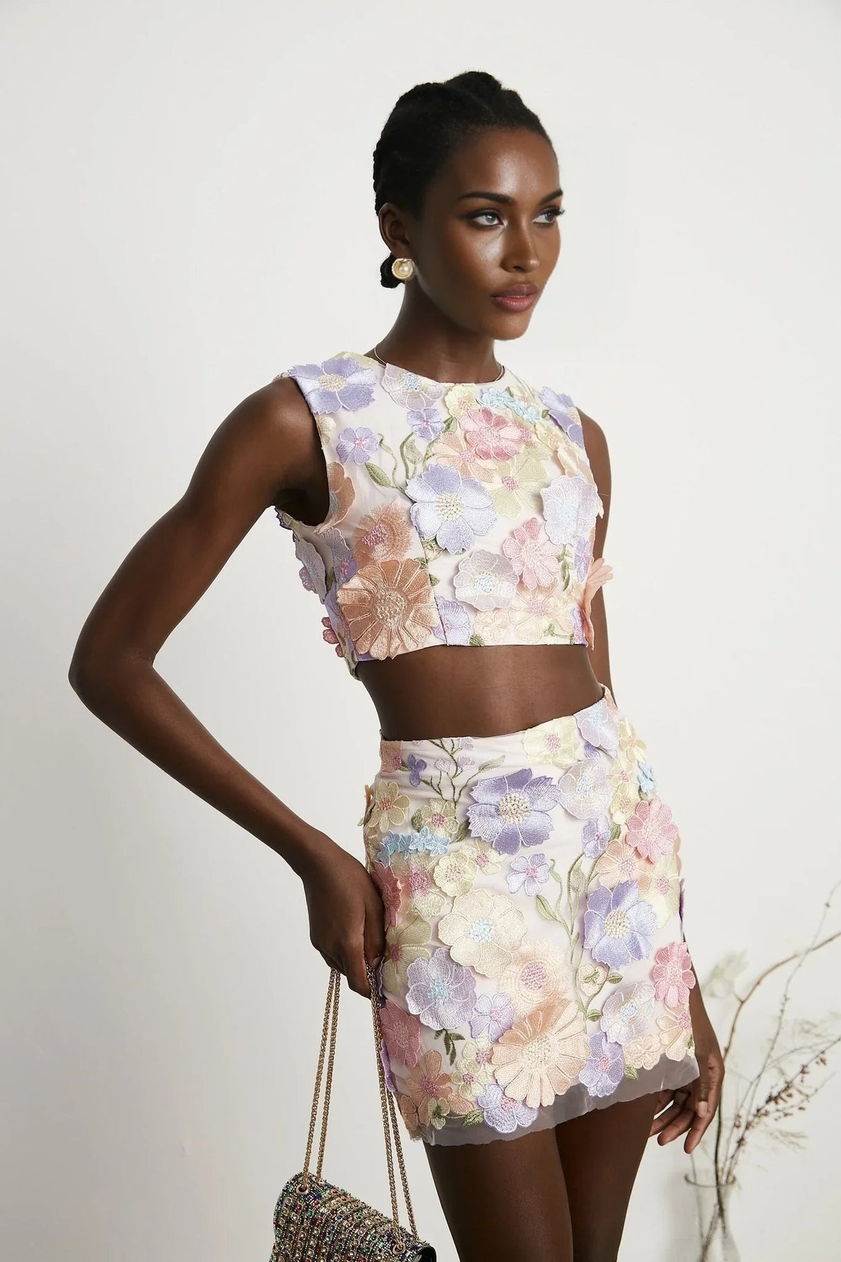 Aurora Top & Skirt Set - Embroidered Detailing - 3D Petal Design - Sleeveless - High Waist - Rear Zip Fastening