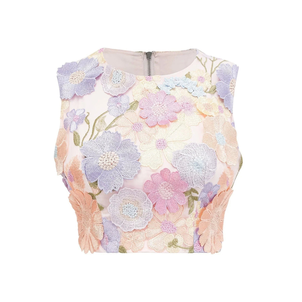 Aurora Top & Skirt Set - Embroidered Detailing - 3D Petal Design - Sleeveless - High Waist - Rear Zip Fastening