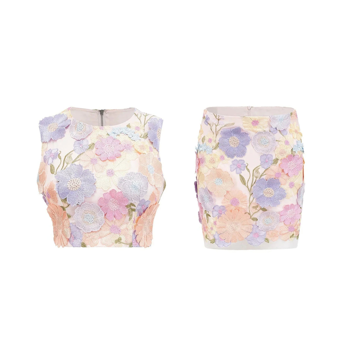 Aurora Top & Skirt Set - Embroidered Detailing - 3D Petal Design - Sleeveless - High Waist - Rear Zip Fastening