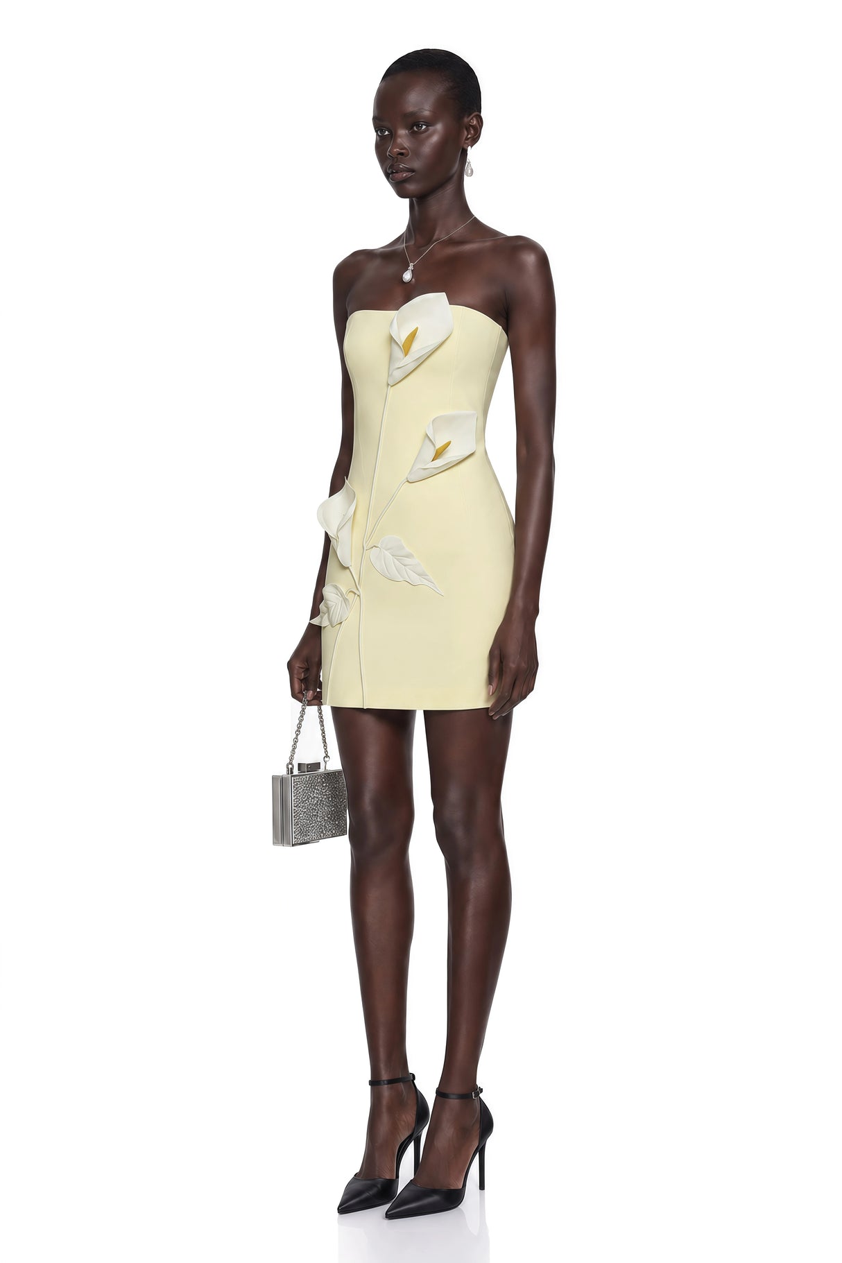 Aurora Yellow Off Shoulder Mini Dress with 3D Florals