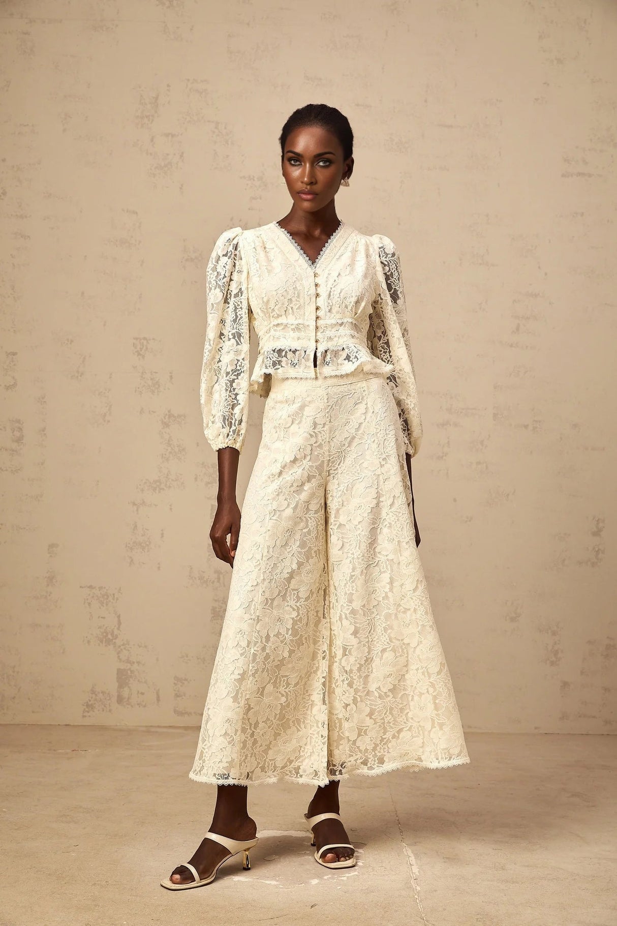 Autumn Blouse & Trousers Set Neutrals Floral - Lace Peplum & Wide Leg