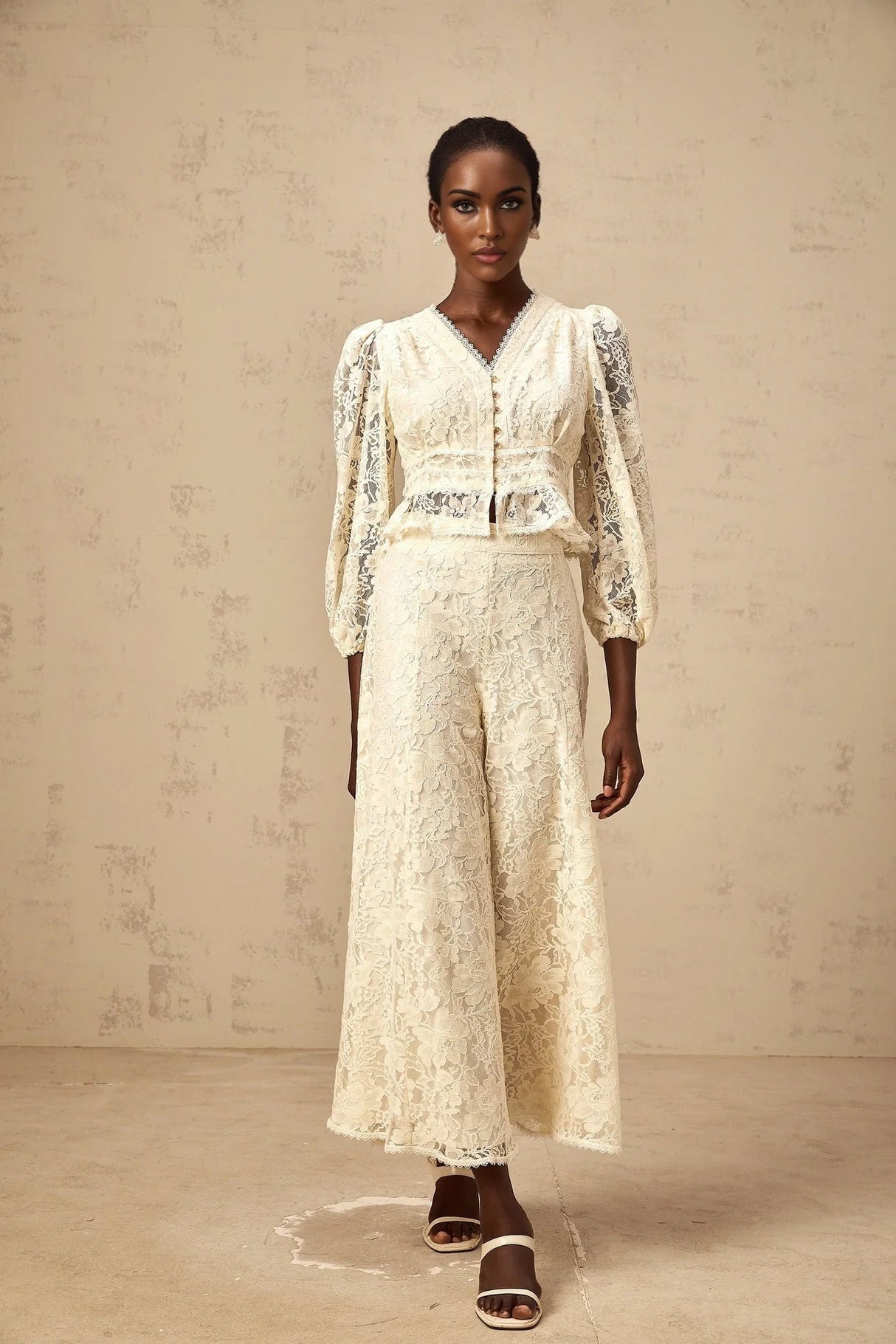 Autumn Blouse & Trousers Set Neutrals Floral - Lace Peplum & Wide Leg