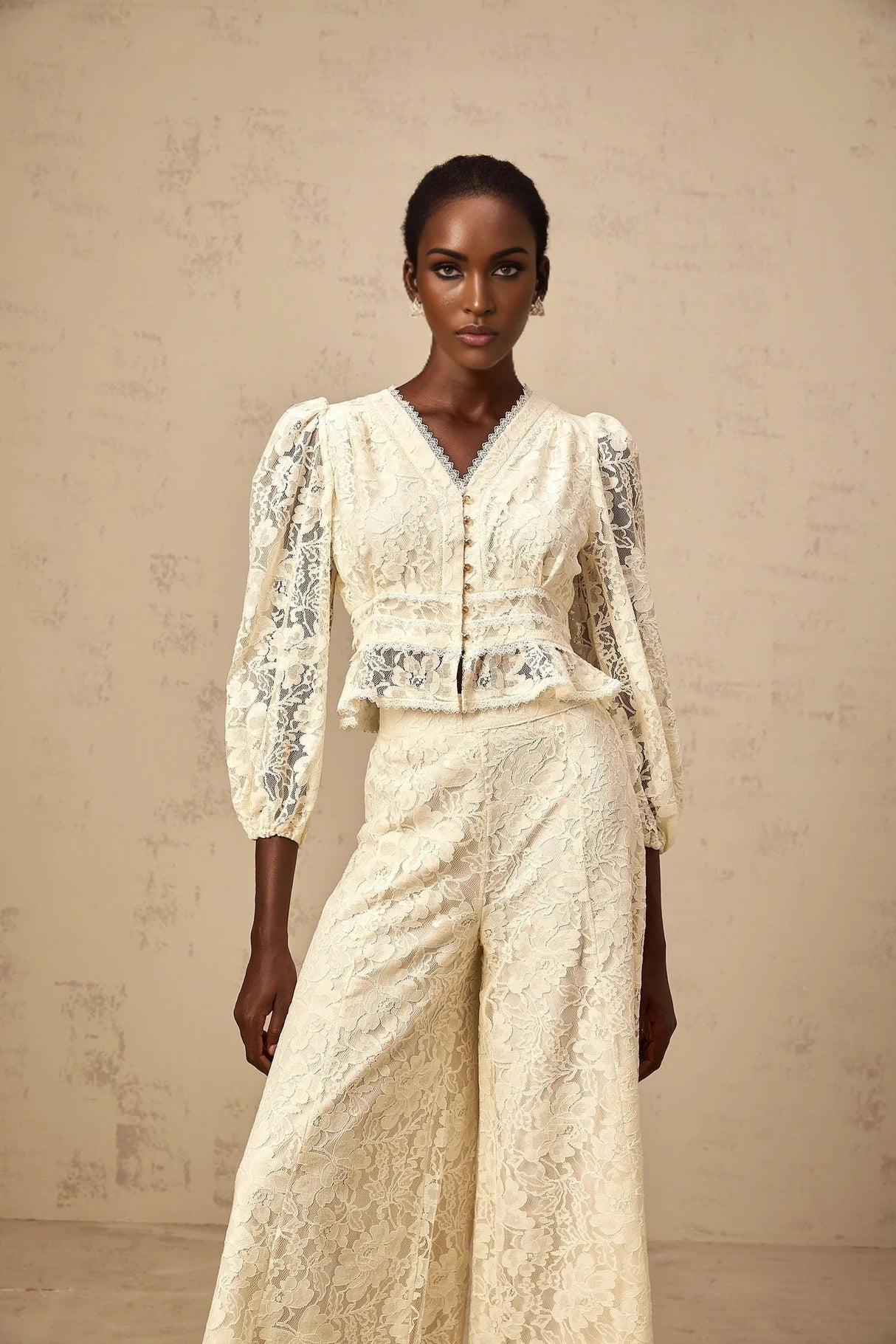 Autumn Blouse & Trousers Set Neutrals Floral - Lace Peplum & Wide Leg