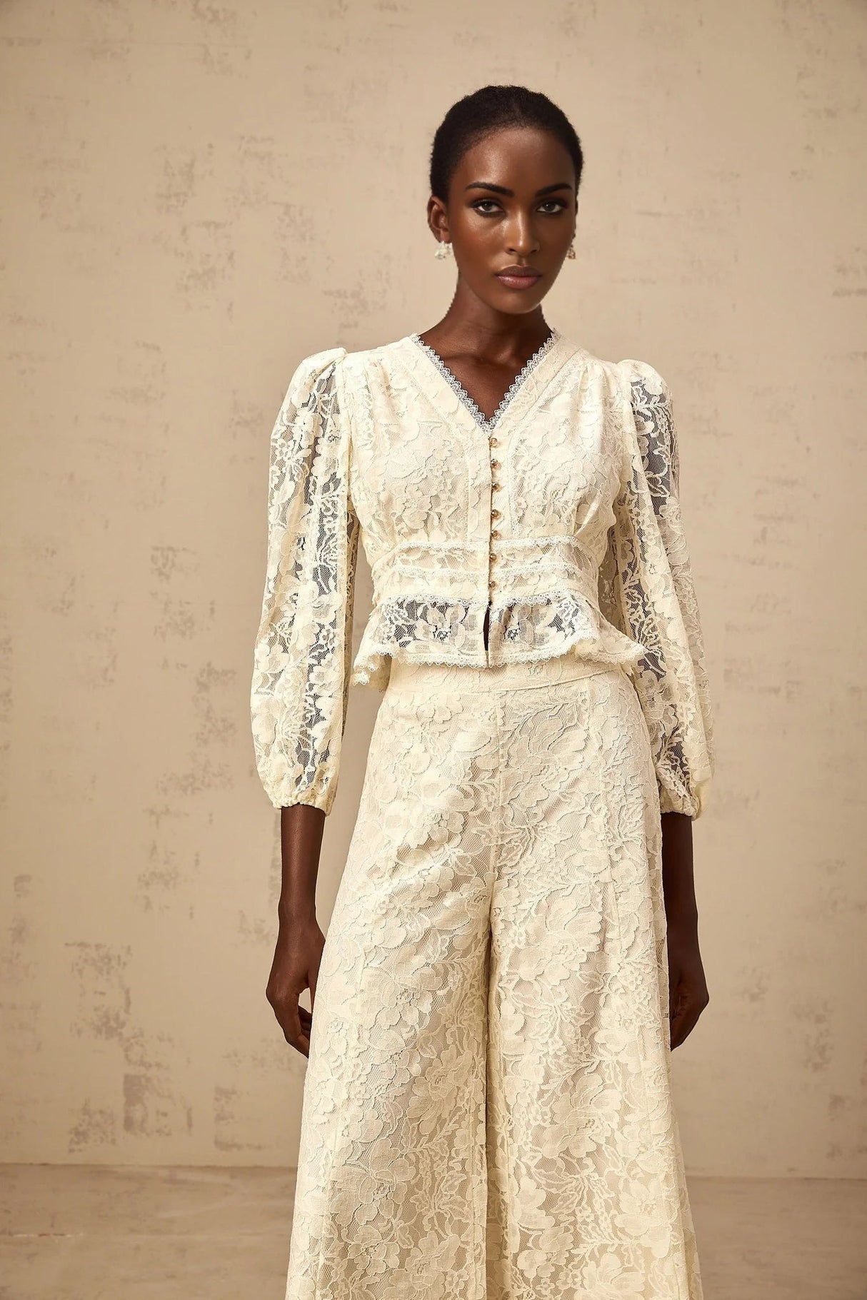 Autumn Blouse & Trousers Set Neutrals Floral - Lace Peplum & Wide Leg