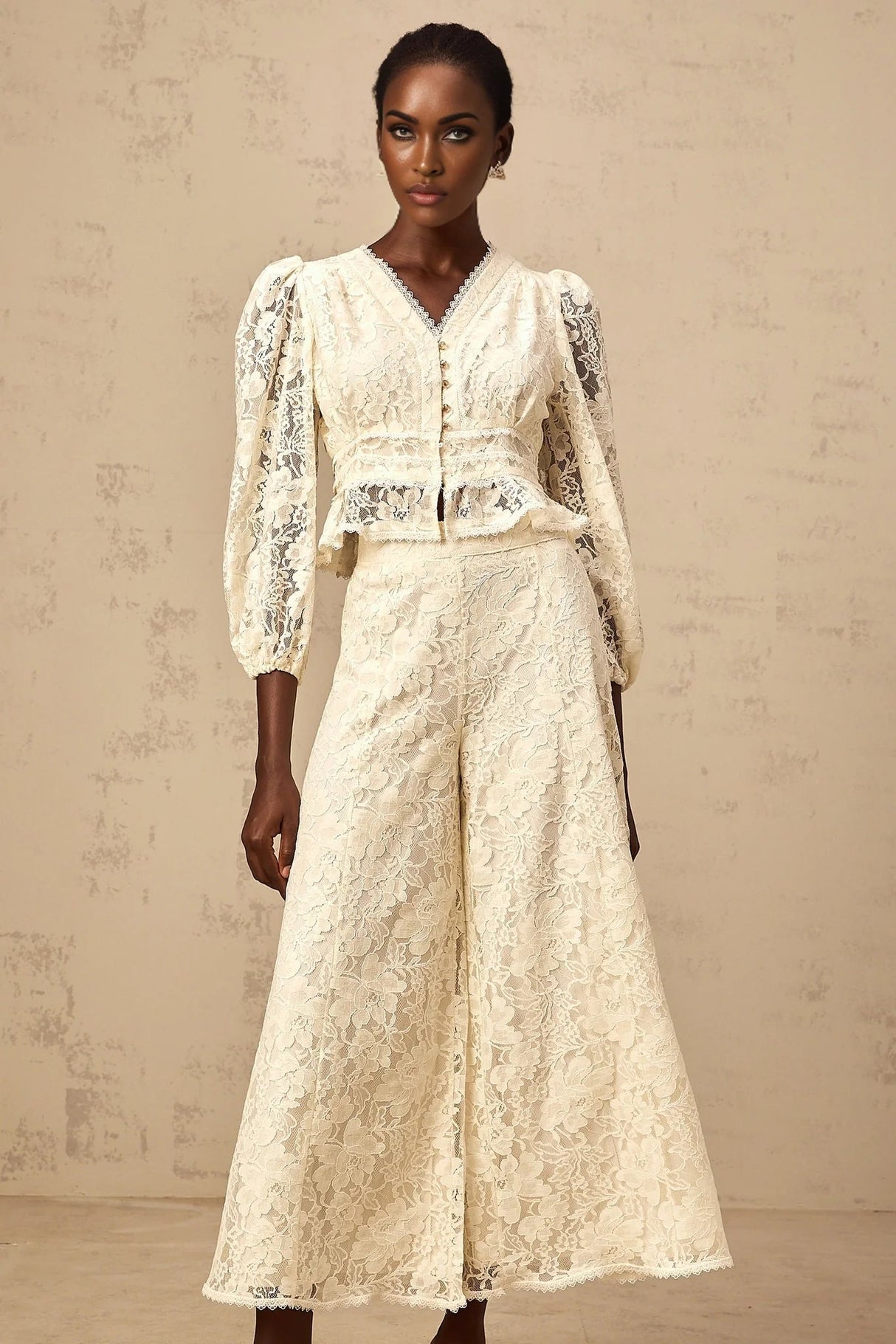 Autumn Blouse & Trousers Set Neutrals Floral - Lace Peplum & Wide Leg