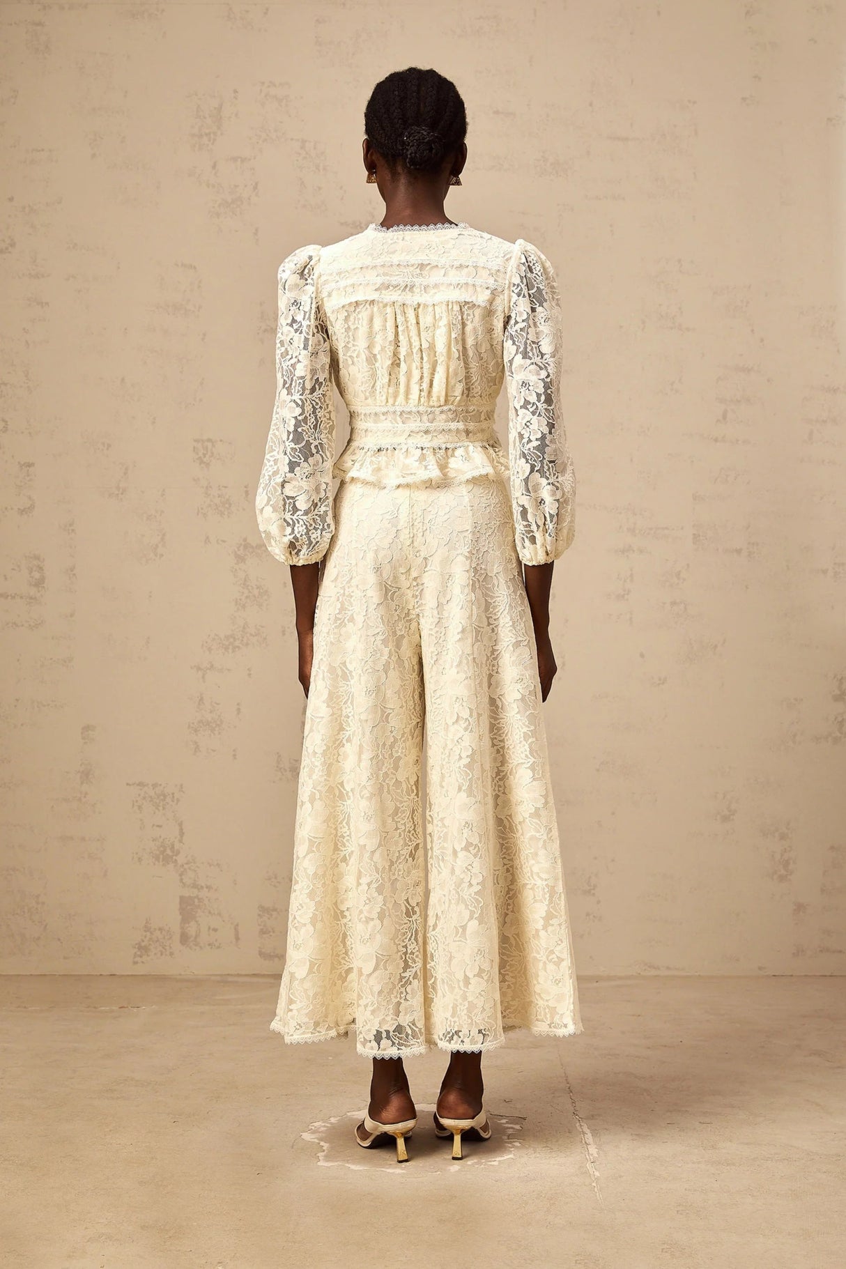 Autumn Blouse & Trousers Set Neutrals Floral - Lace Peplum & Wide Leg