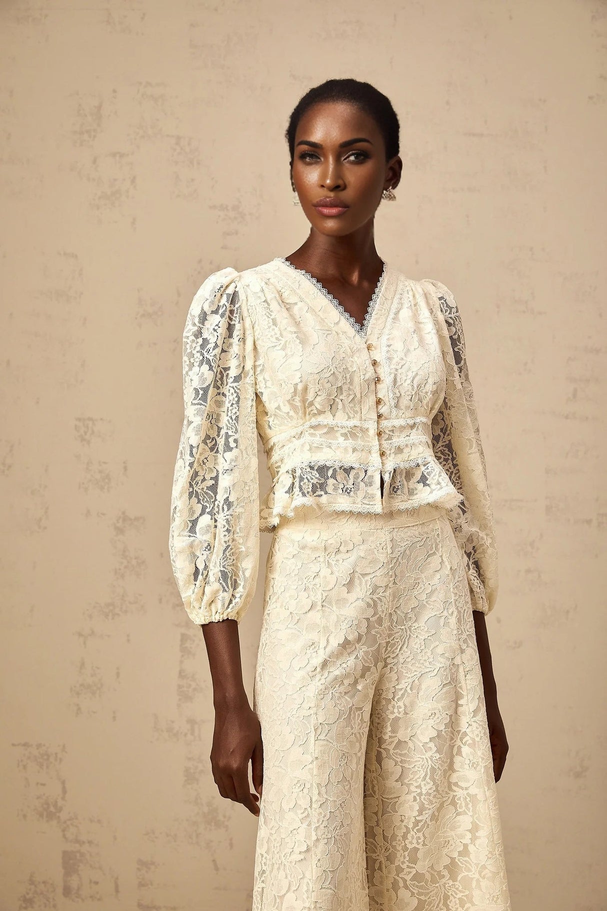 Autumn Blouse & Trousers Set Neutrals Floral - Lace Peplum & Wide Leg