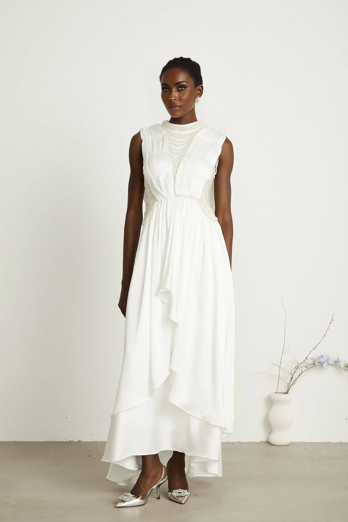 Autumn Maxi Dress - Sleeveless - Open Neck & Back - Faux Pearl Embellishment - Pleat Detailing - Layered Design