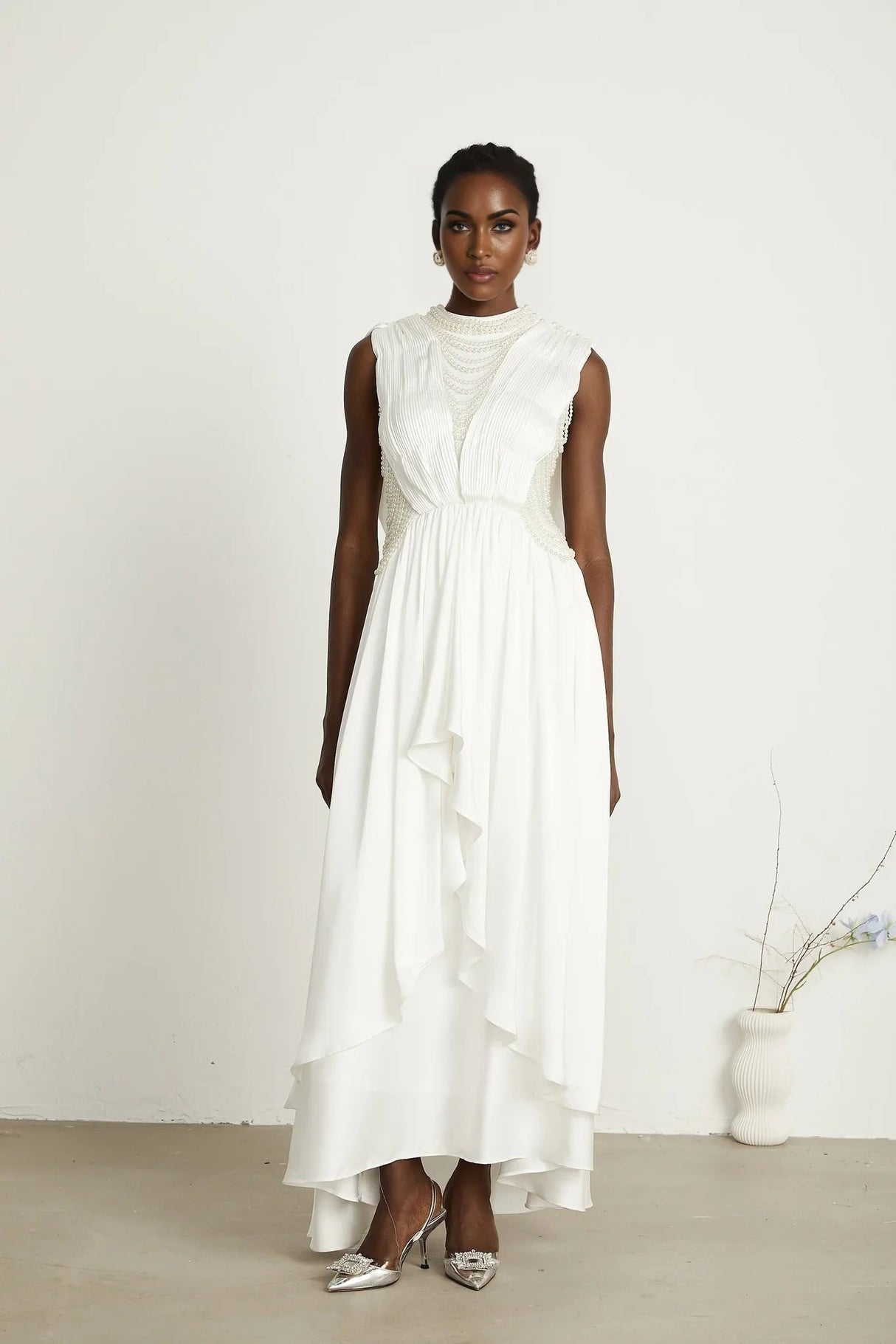 Autumn Maxi Dress - Sleeveless - Open Neck & Back - Faux Pearl Embellishment - Pleat Detailing - Layered Design
