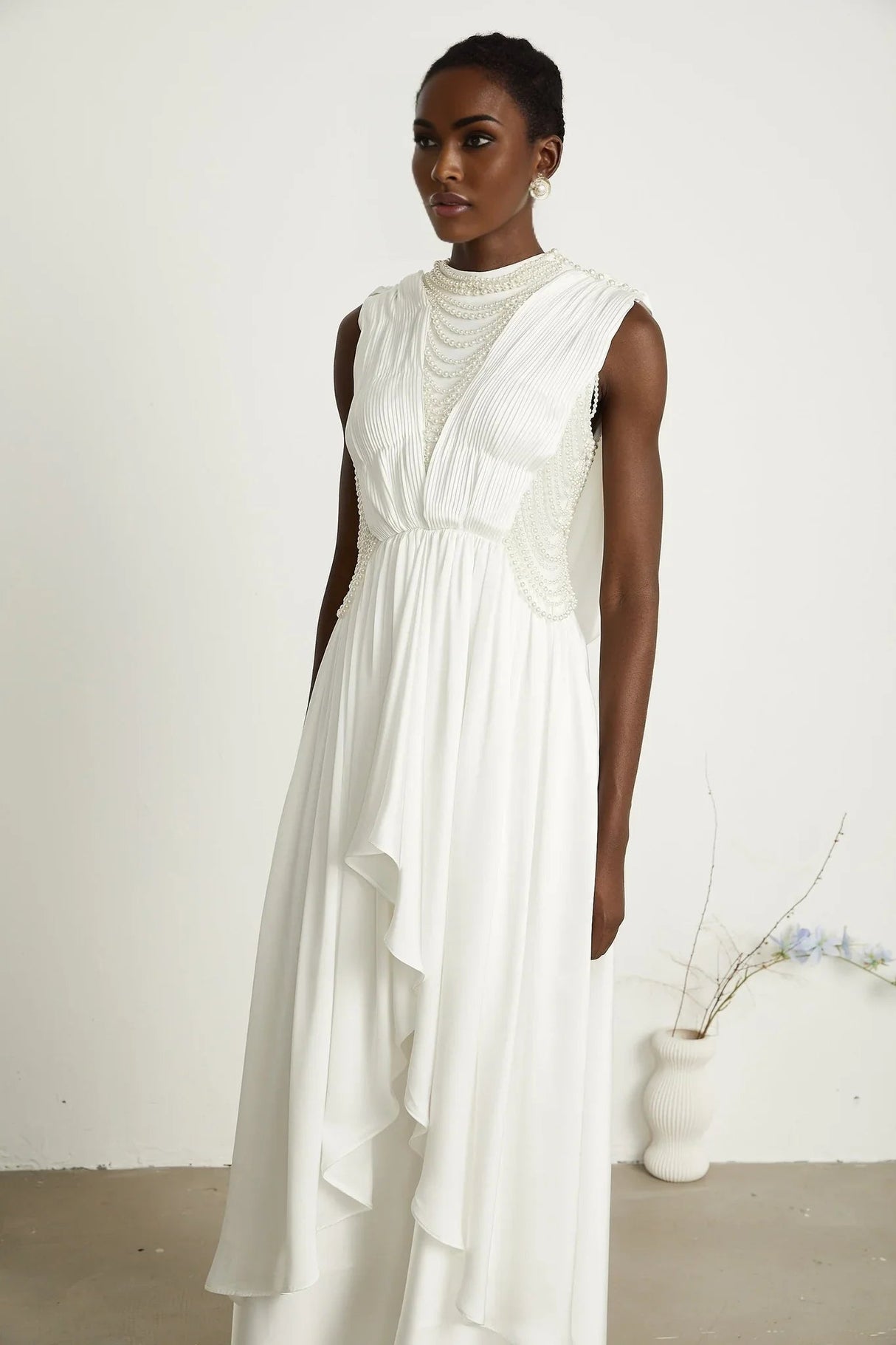 Autumn Maxi Dress - Sleeveless - Open Neck & Back - Faux Pearl Embellishment - Pleat Detailing - Layered Design