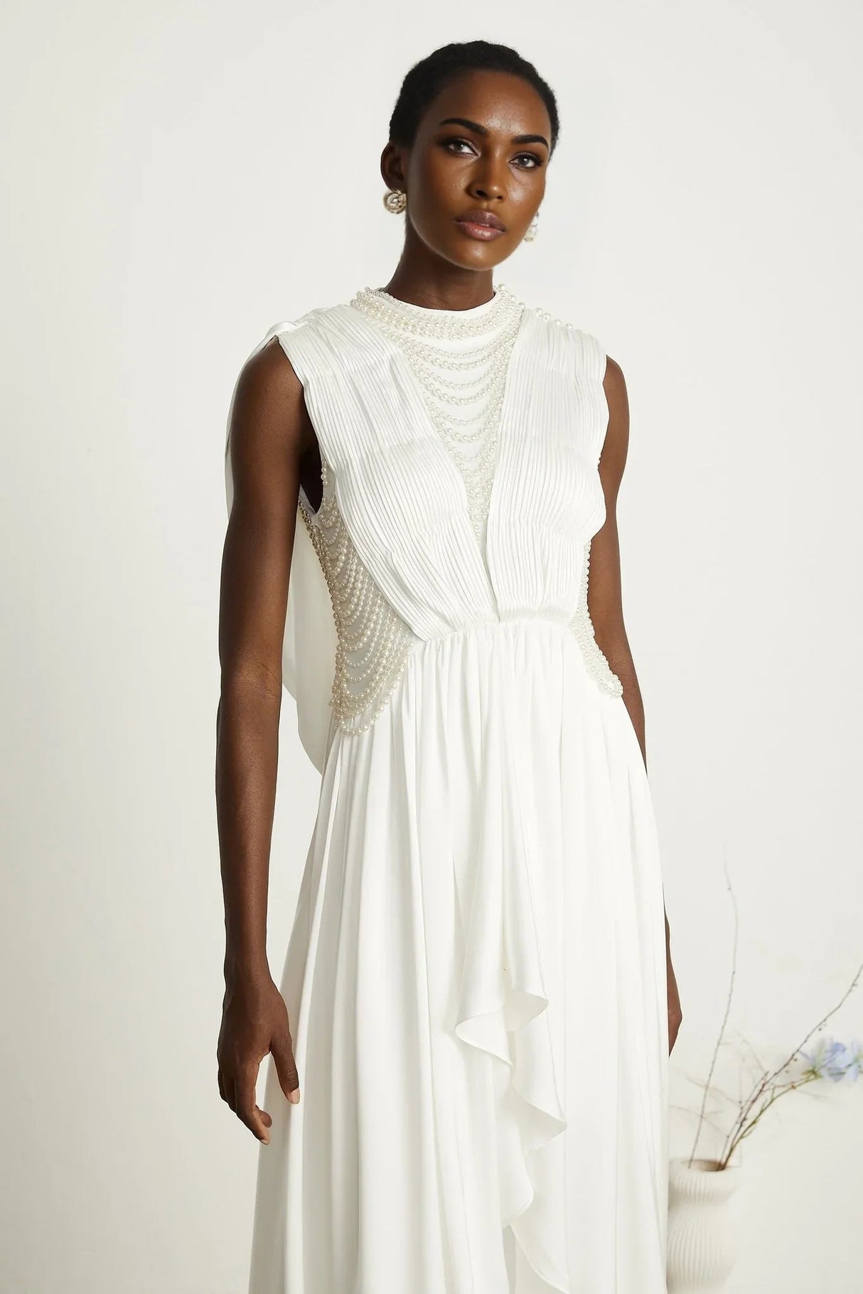 Autumn Maxi Dress - Sleeveless - Open Neck & Back - Faux Pearl Embellishment - Pleat Detailing - Layered Design