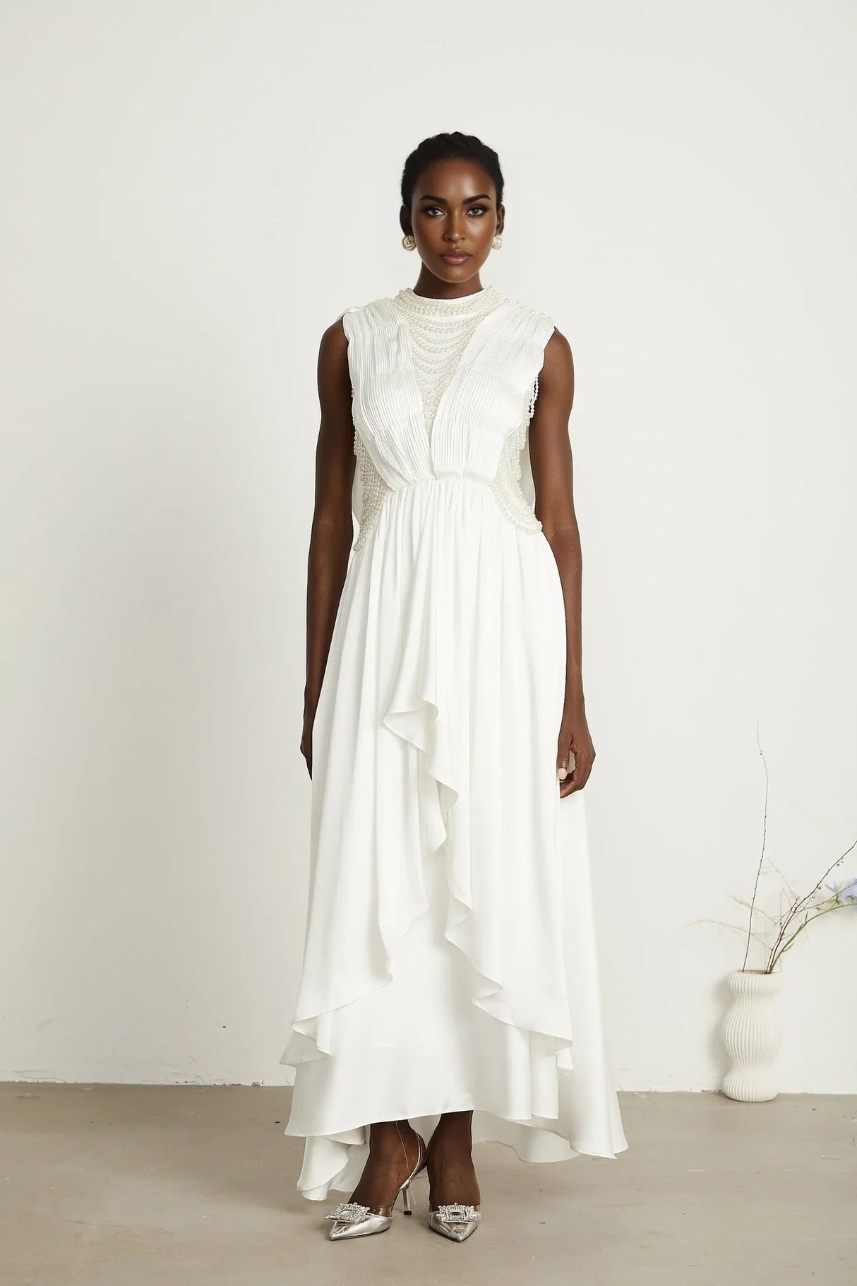 Autumn Maxi Dress - Sleeveless - Open Neck & Back - Faux Pearl Embellishment - Pleat Detailing - Layered Design