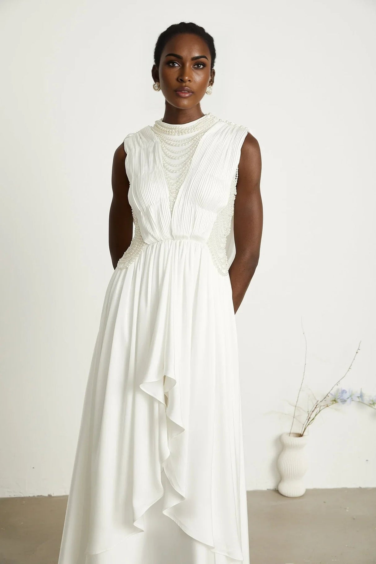Autumn Maxi Dress - Sleeveless - Open Neck & Back - Faux Pearl Embellishment - Pleat Detailing - Layered Design
