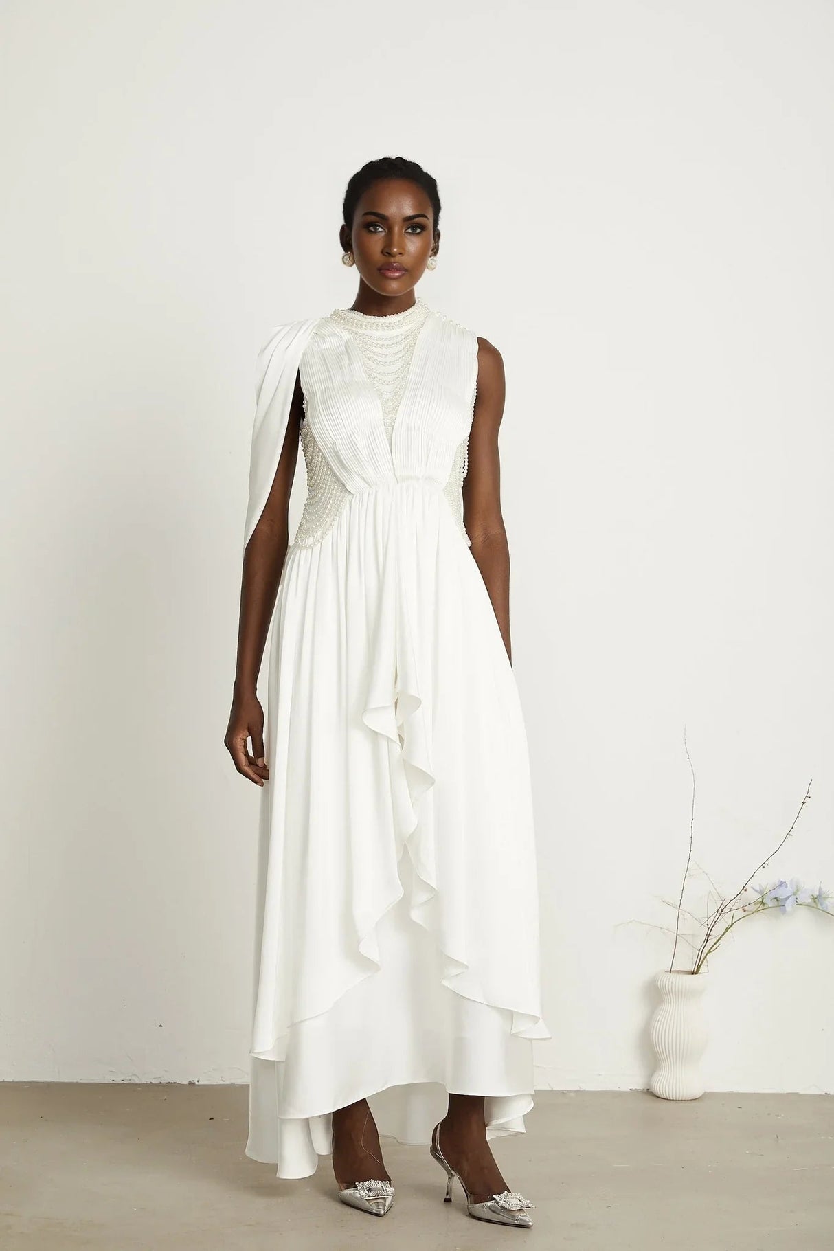 Autumn Maxi Dress - Sleeveless - Open Neck & Back - Faux Pearl Embellishment - Pleat Detailing - Layered Design