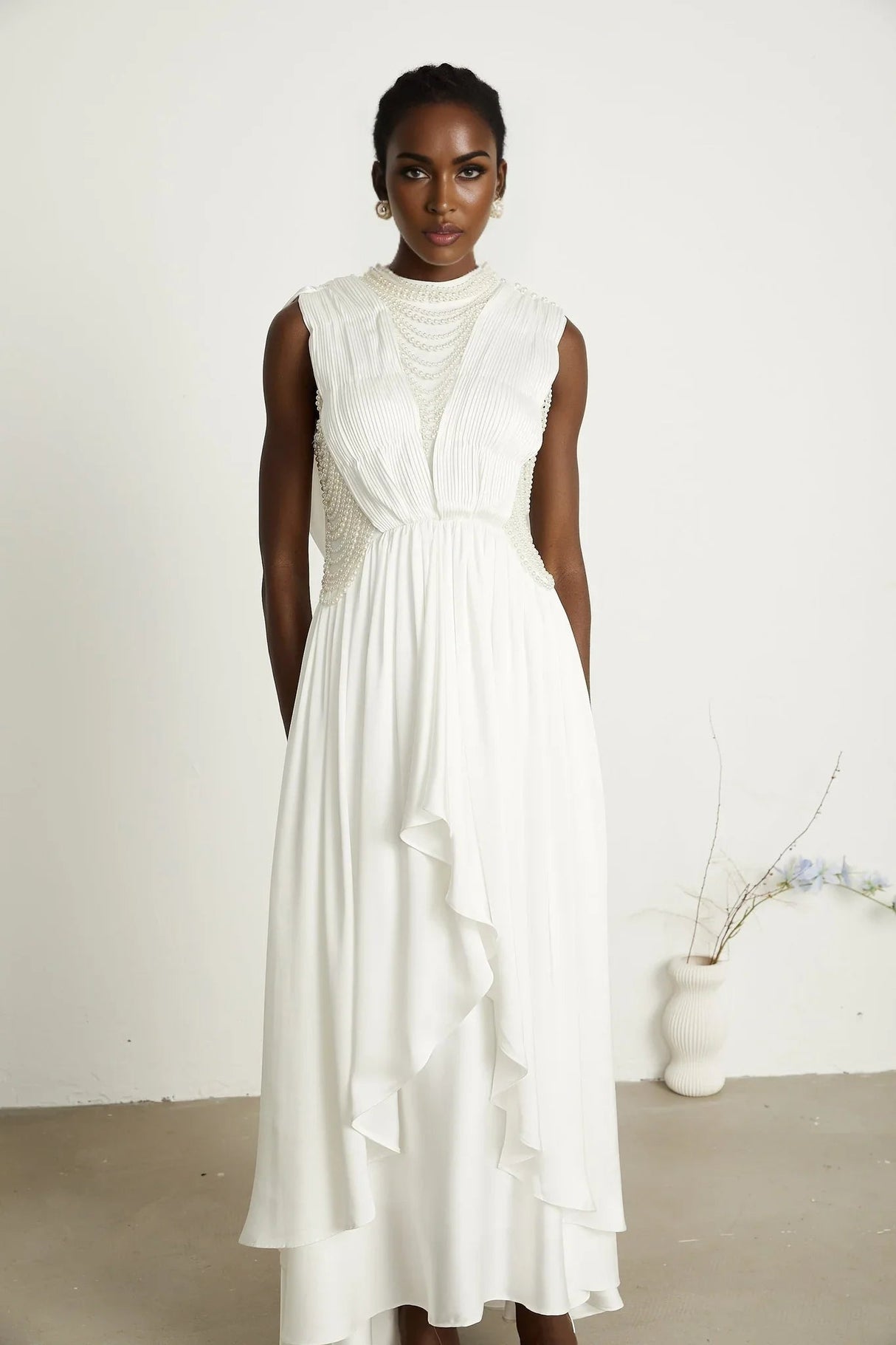 Autumn Maxi Dress - Sleeveless - Open Neck & Back - Faux Pearl Embellishment - Pleat Detailing - Layered Design