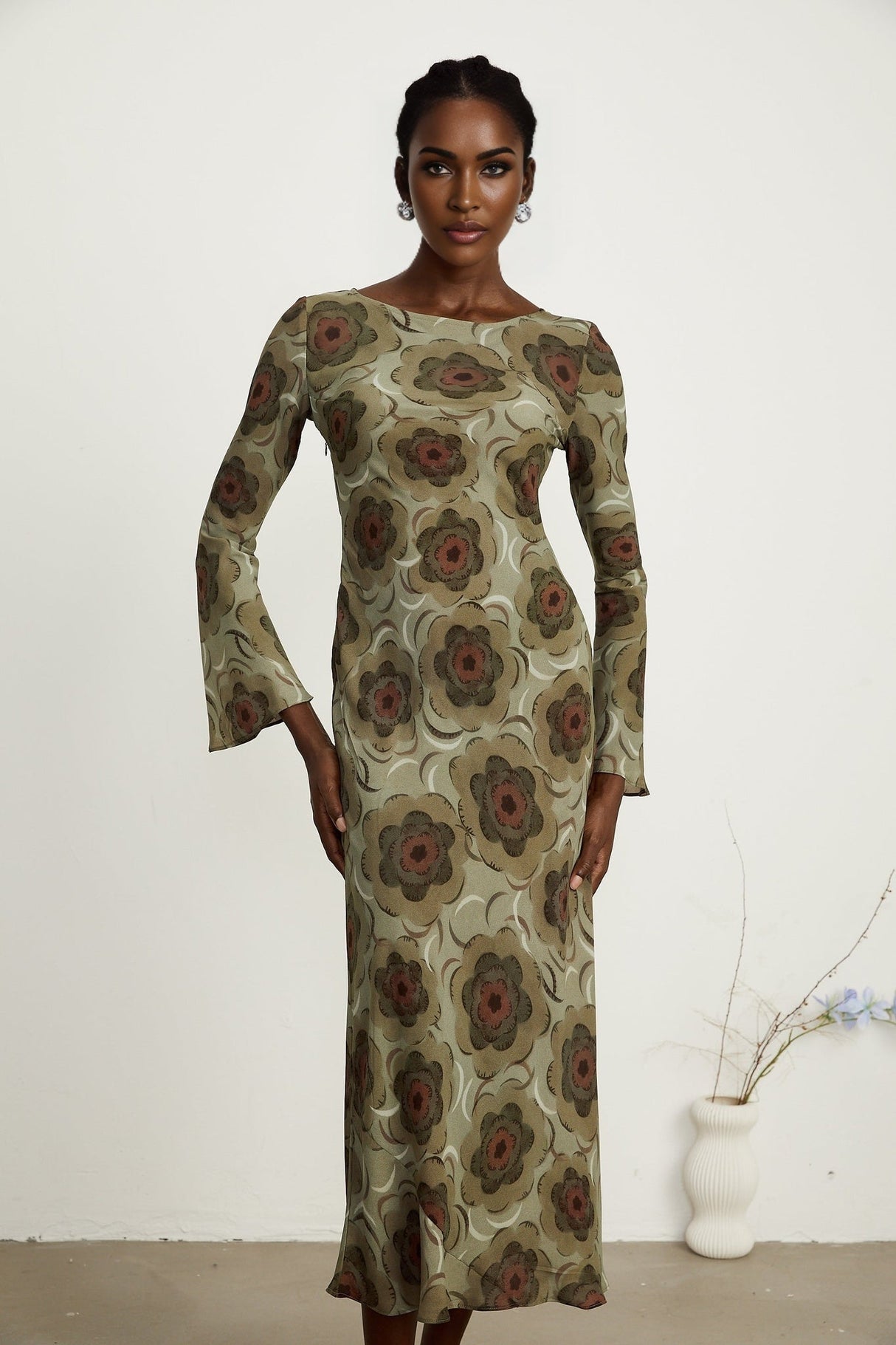 Autumn Midi Dress - Flirty Flared Sleeves - Elegant Flower Motif - Stretchy Comfort - Chic Slip - On Style - Versatile Midi Lengt