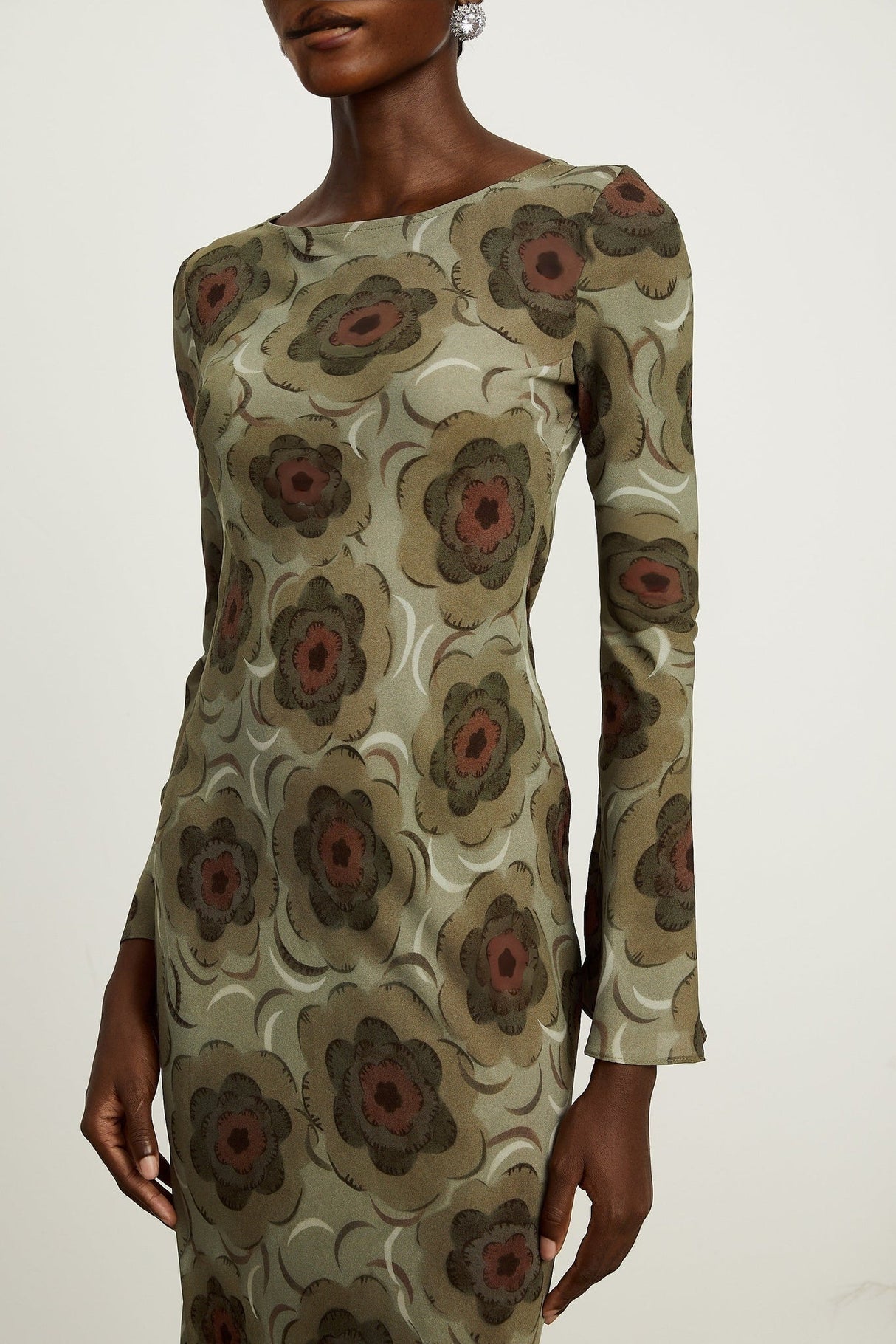 Autumn Midi Dress - Flirty Flared Sleeves - Elegant Flower Motif - Stretchy Comfort - Chic Slip - On Style - Versatile Midi Lengt